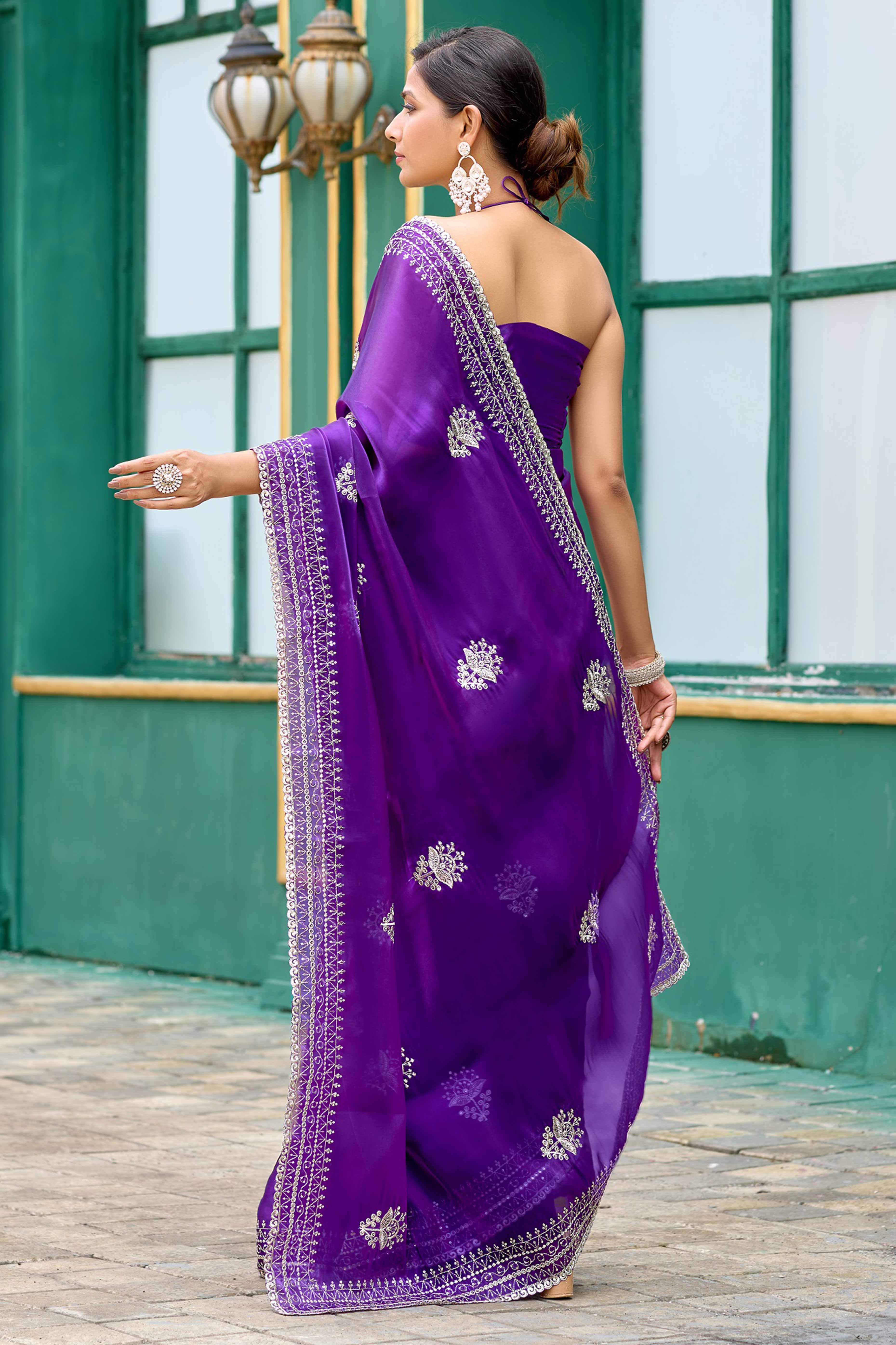 Violet Partywear Saree in Shimmer Chiffon with Sequins Embroidery
