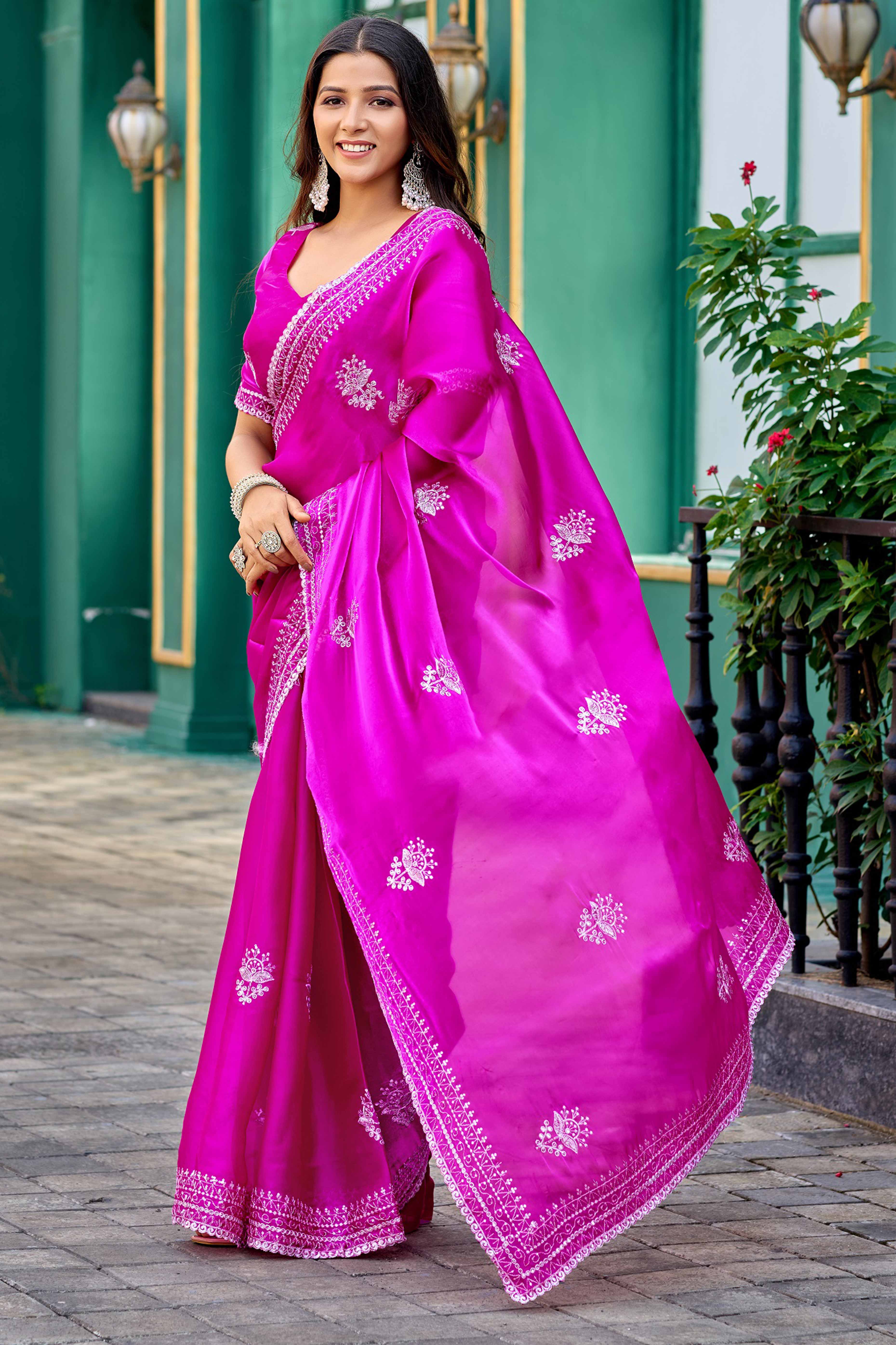 Magenta Partywear Saree in Shimmer Chiffon with Sequins Embroidery