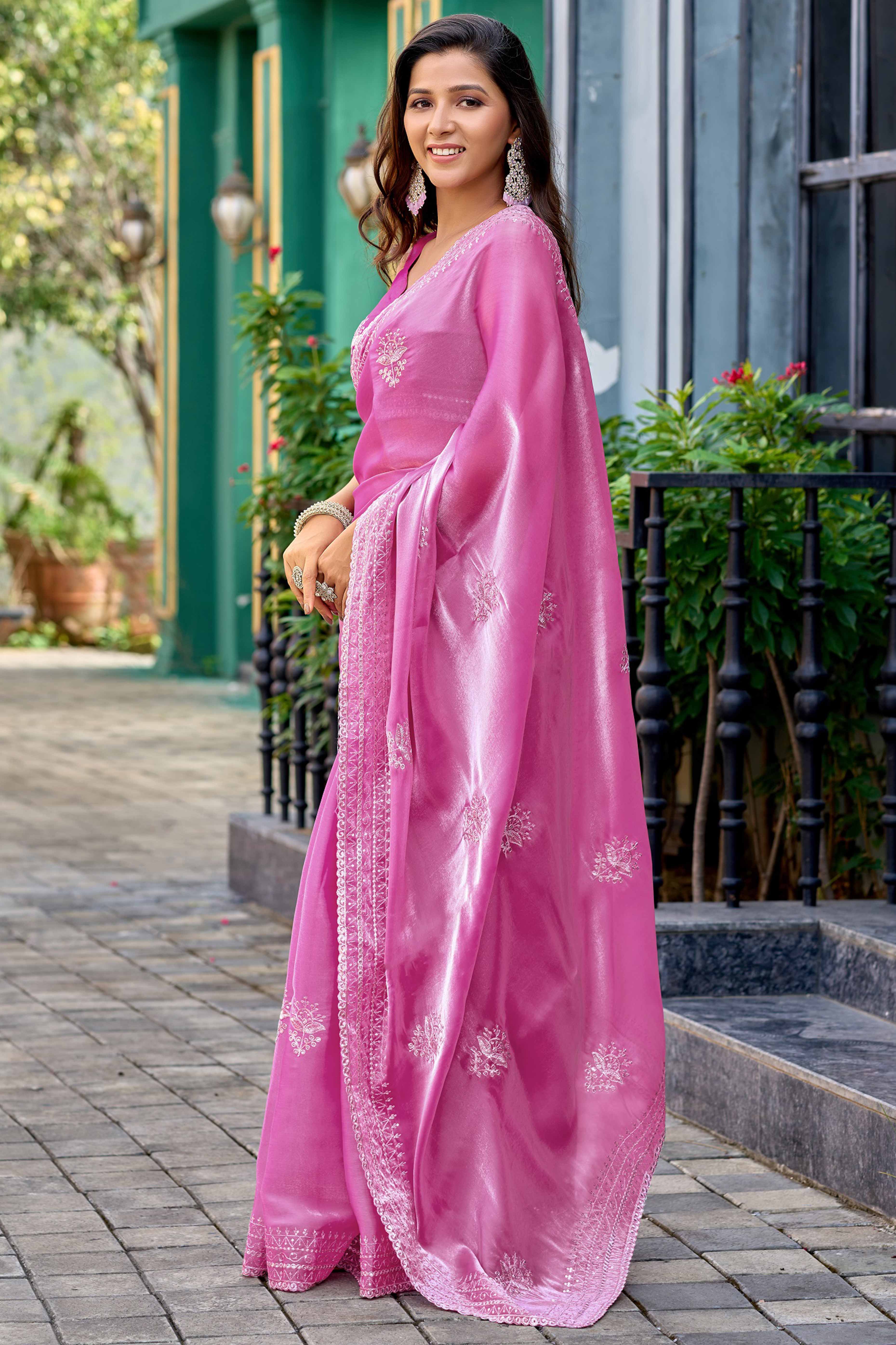 Baby Pink Partywear Saree in Shimmer Chiffon with Sequins Embroidery