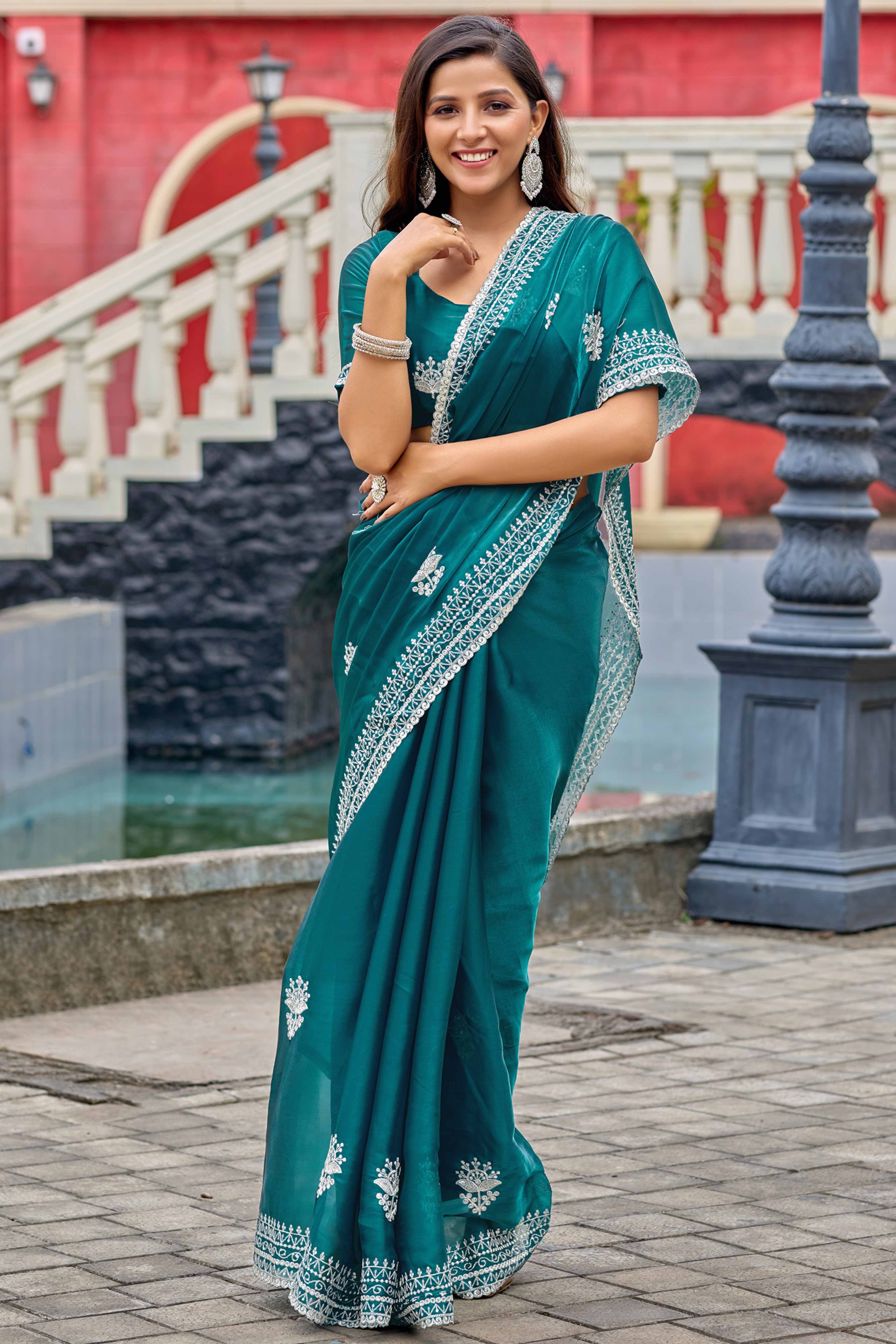 Peacock Green Partywear Saree in Shimmer Chiffon with Sequins Embroidery