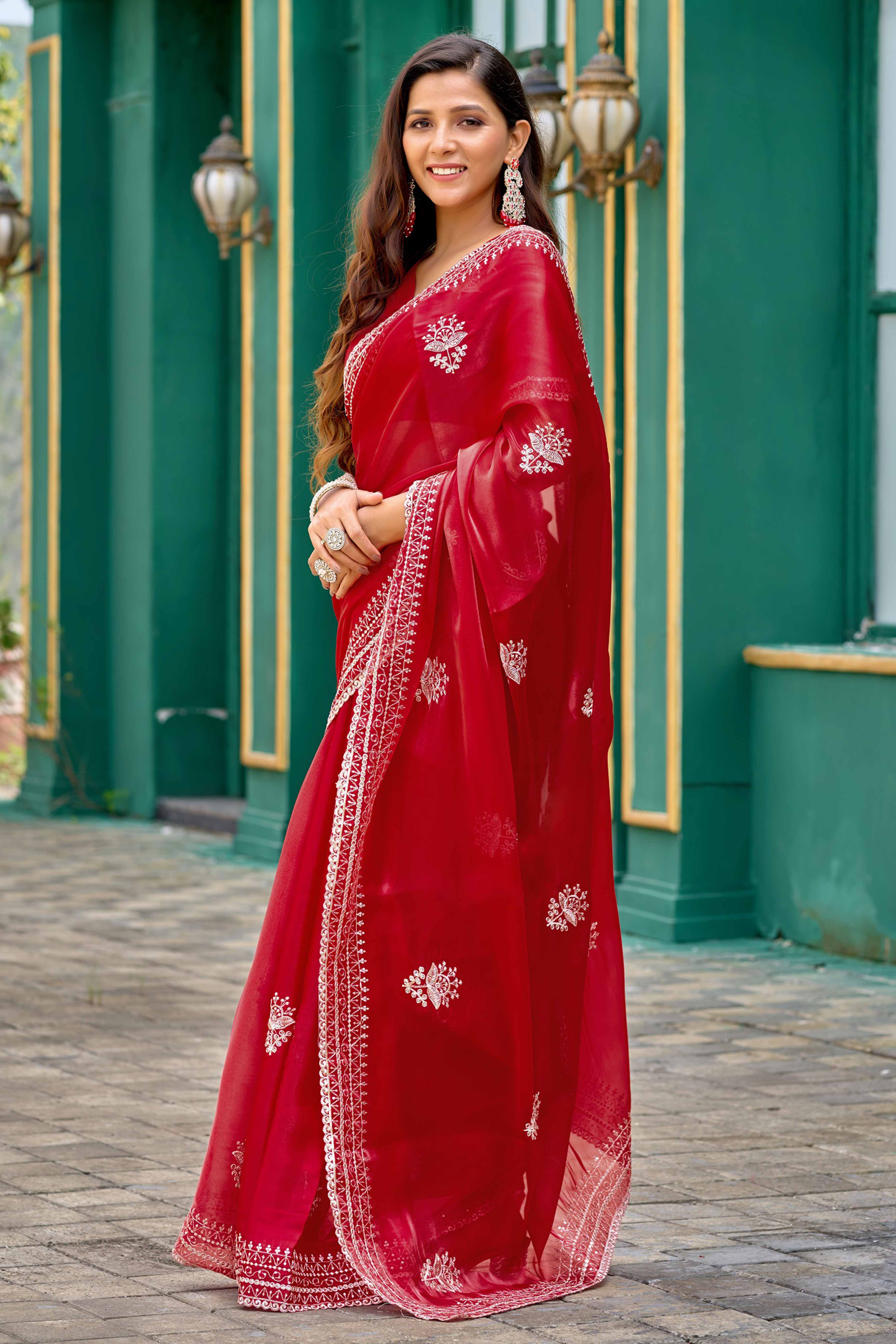 Red Partywear Saree in Shimmer Chiffon with Sequins Embroidery