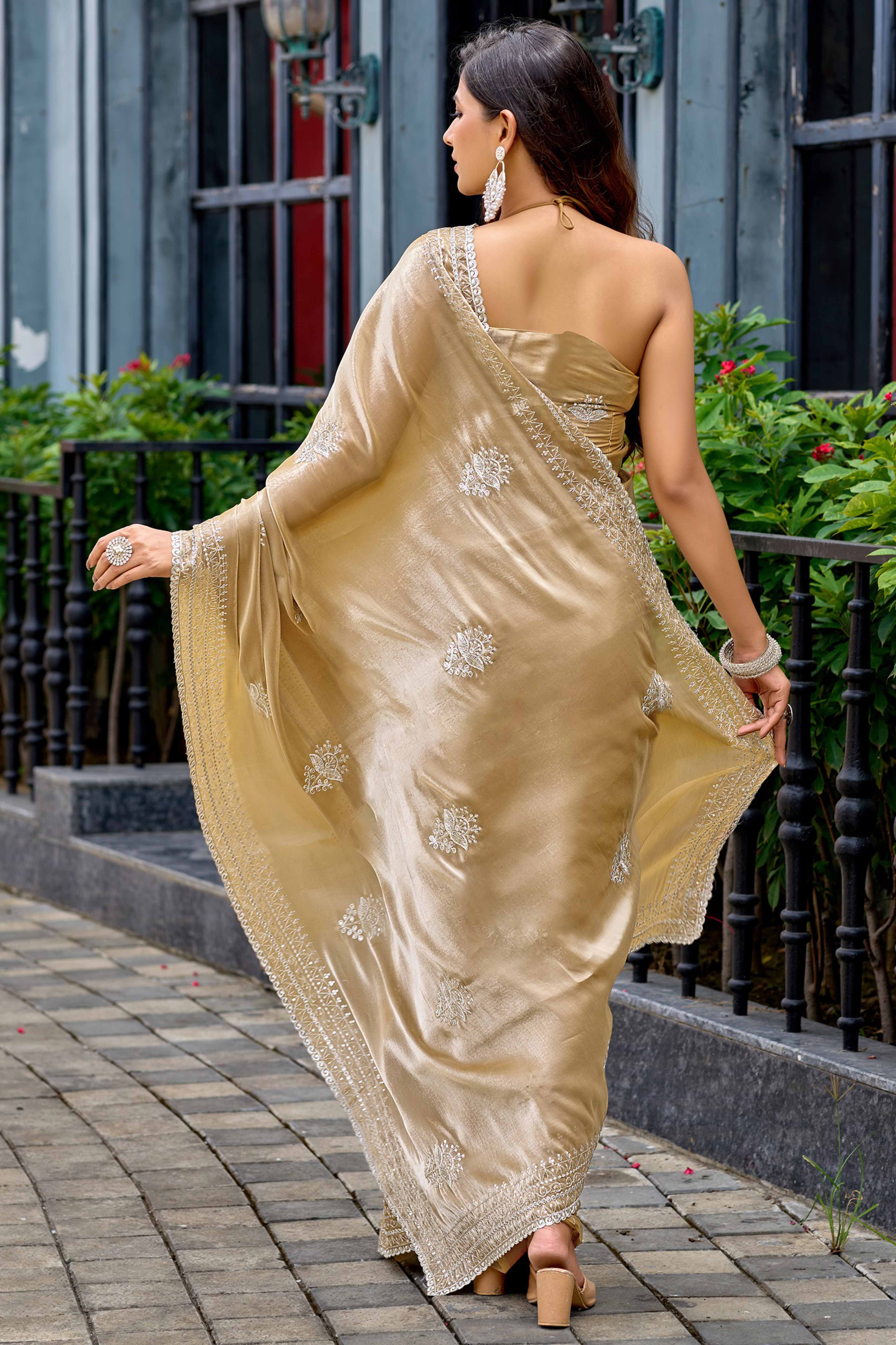 Beige Partywear Saree in Shimmer Chiffon with Sequins Embroidery