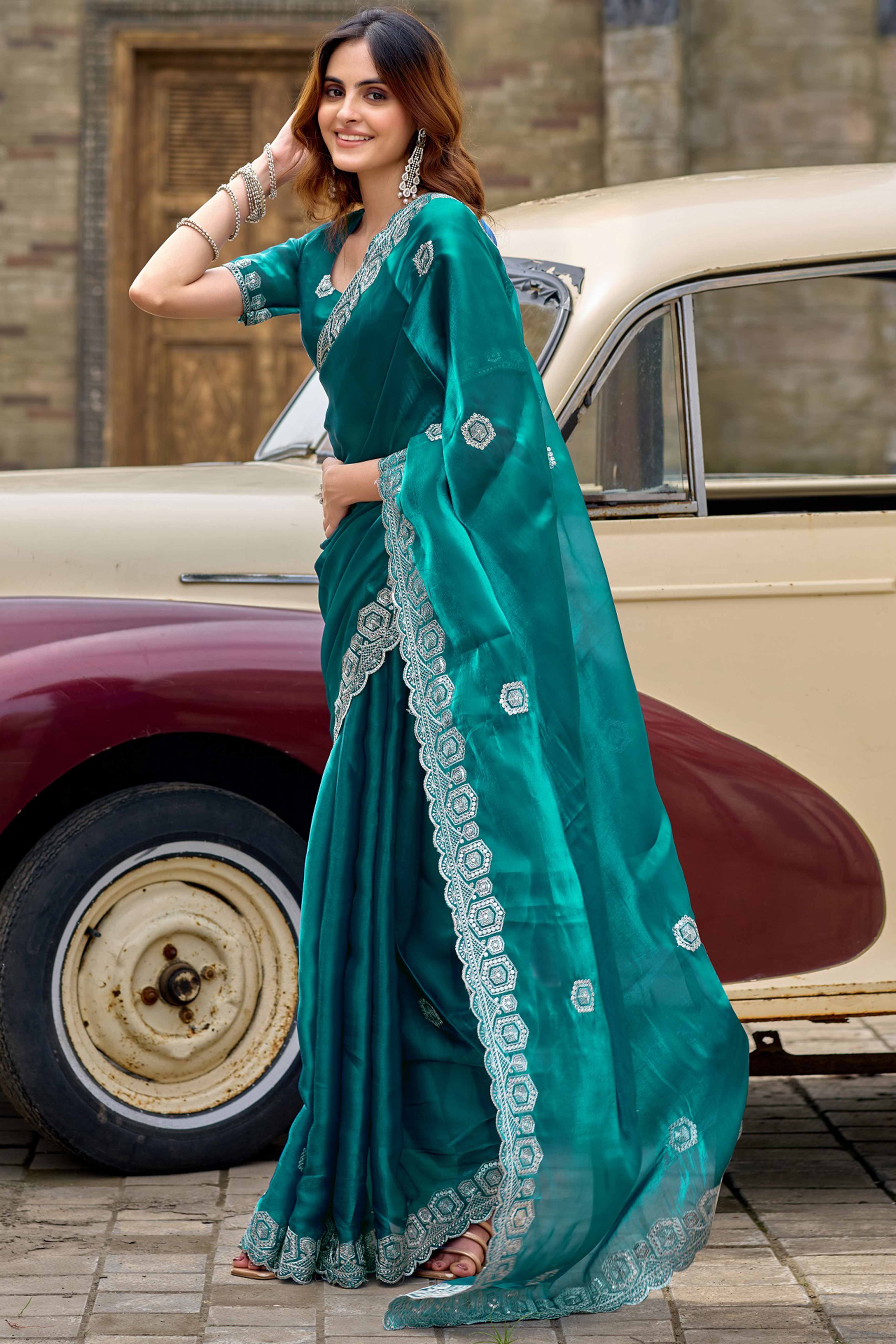 Shimmering Rama Green Chiffon Saree with Delicate Sequins Work
