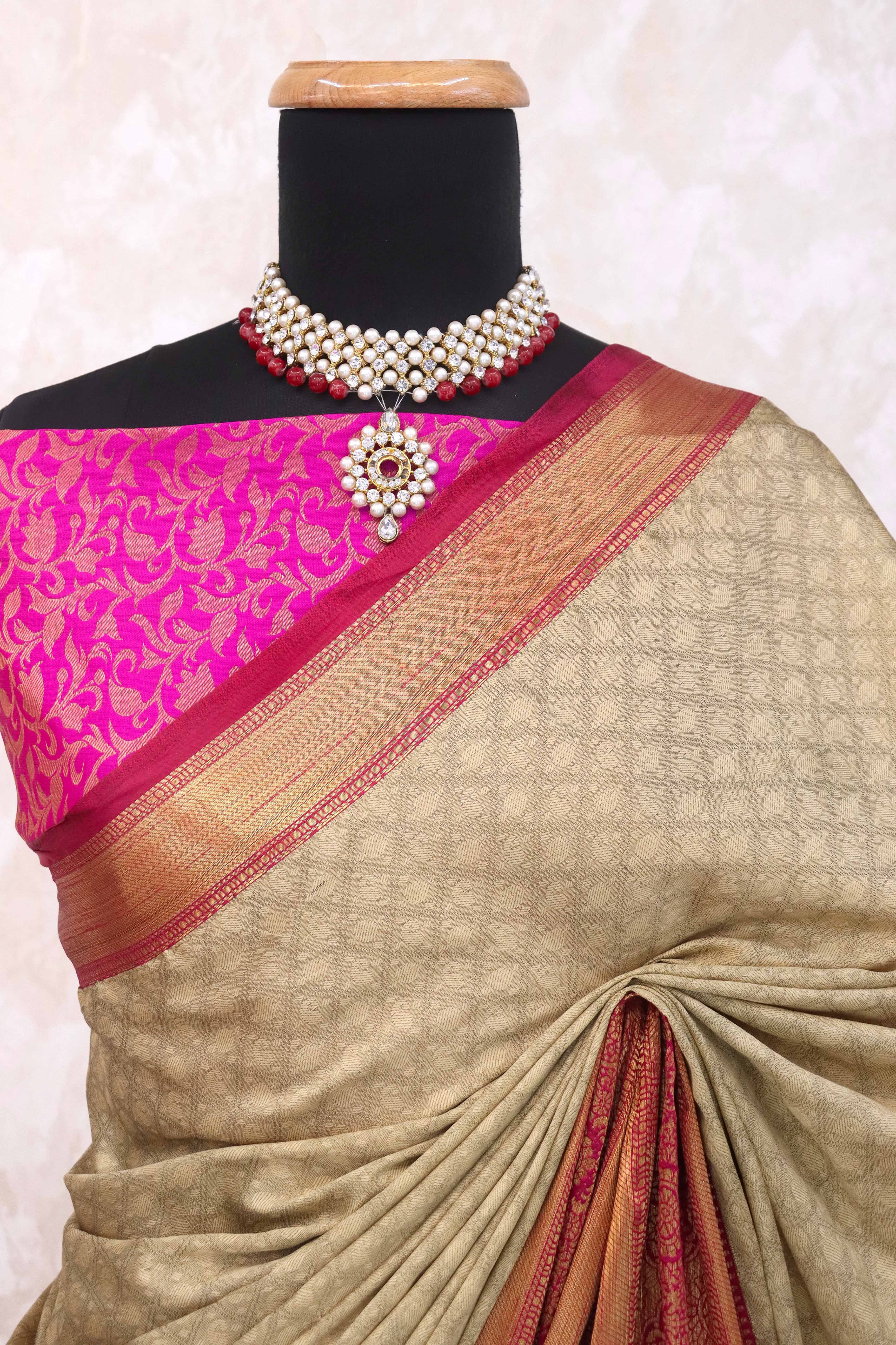 Beige Silk Blend Saree With Detailed Zari Weaving & Tassel Embellishments
