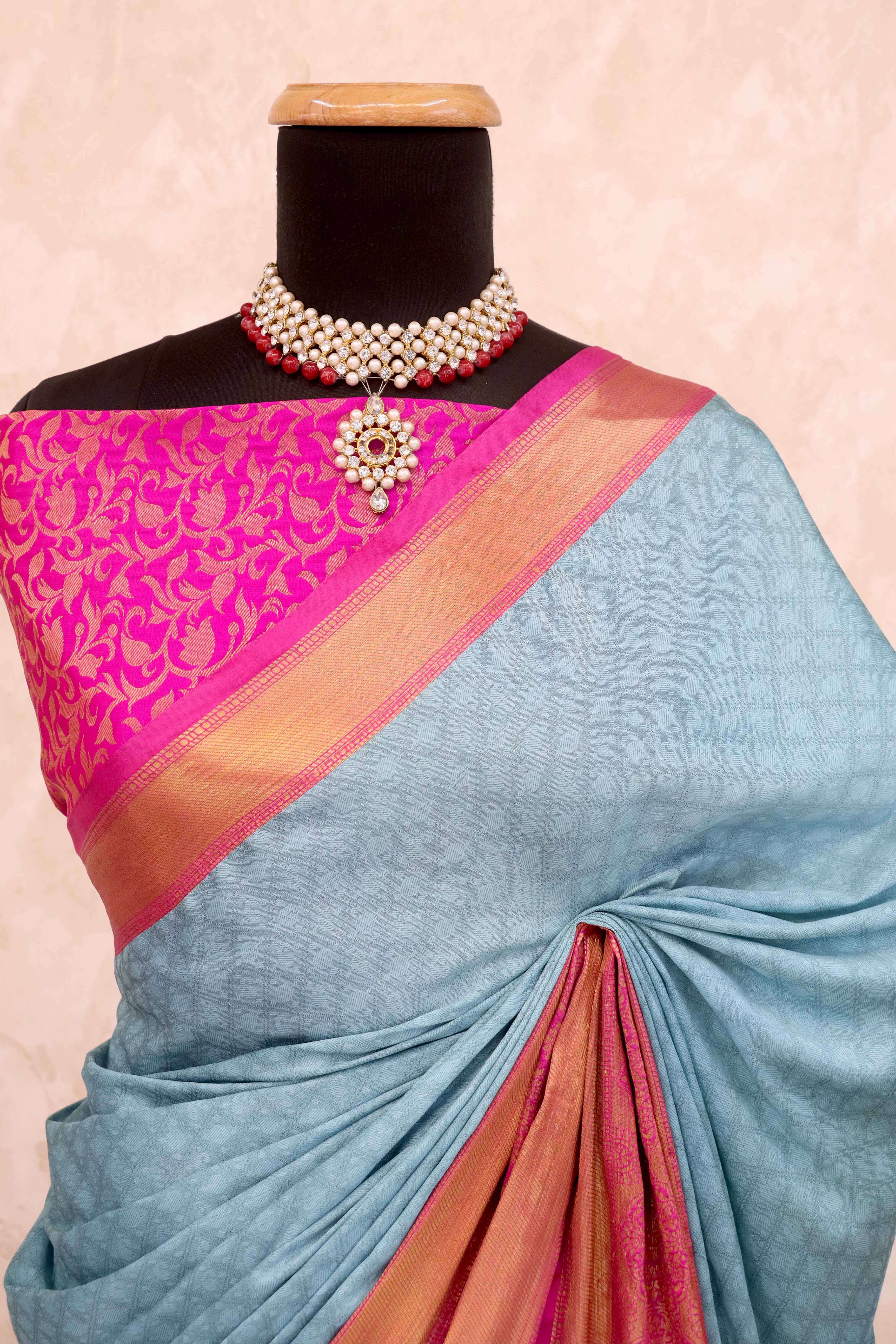 Sky Blue Silk Blend Saree With Detailed Zari Weaving & Tassel Embellishments