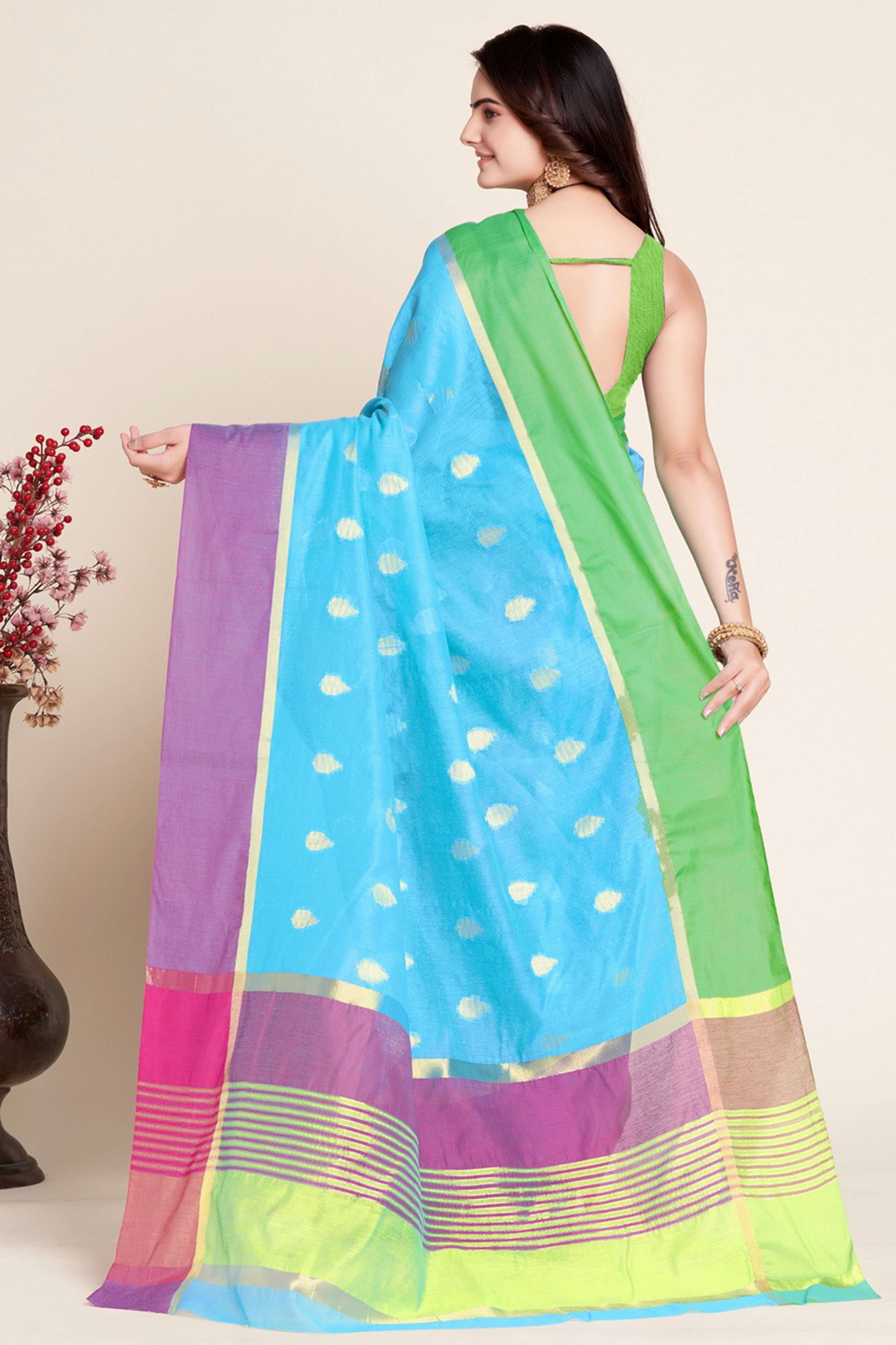 Sky Blue Zari Weaving Cotton Silk Saree