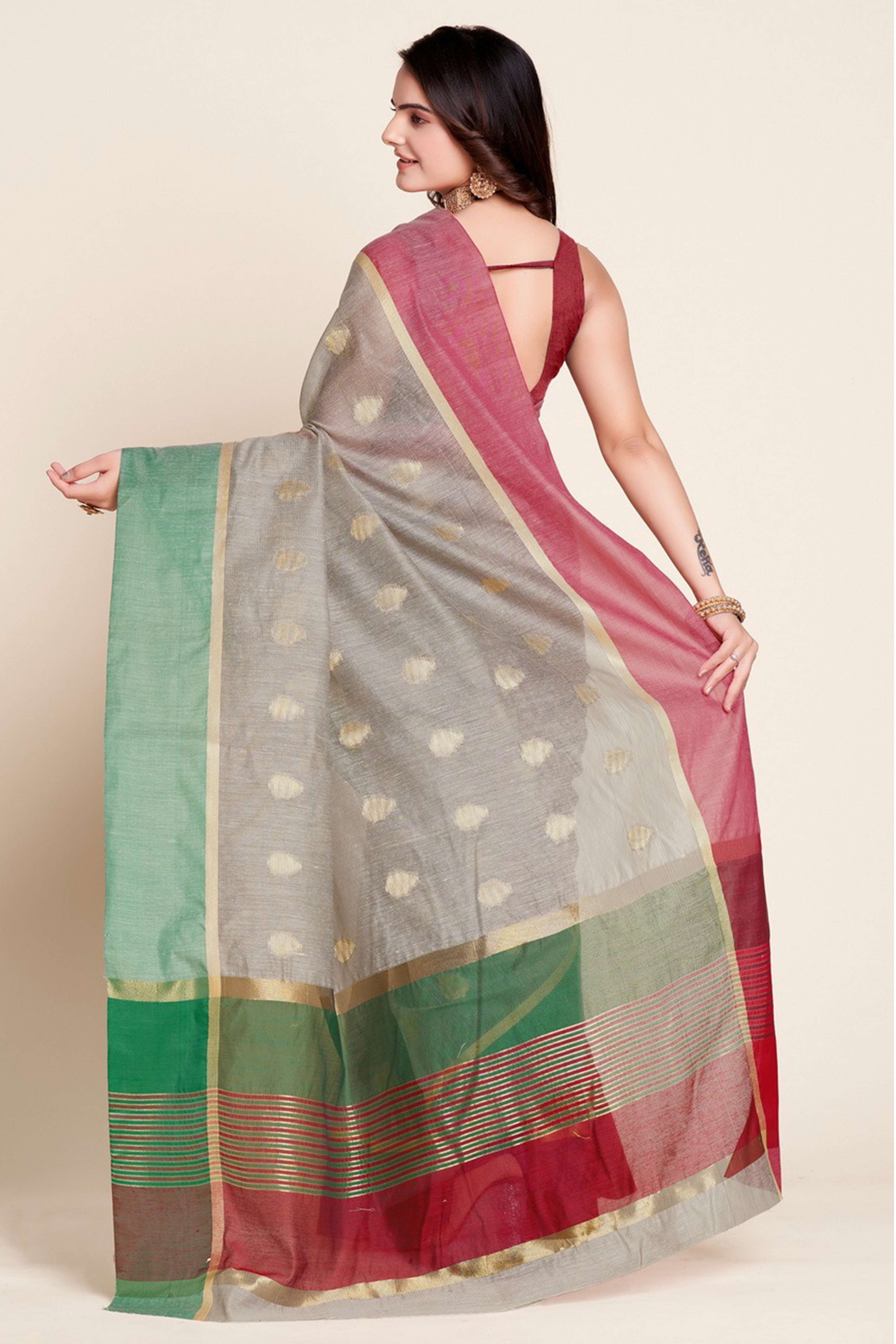 Grey Zari Weaving Cotton Silk Saree