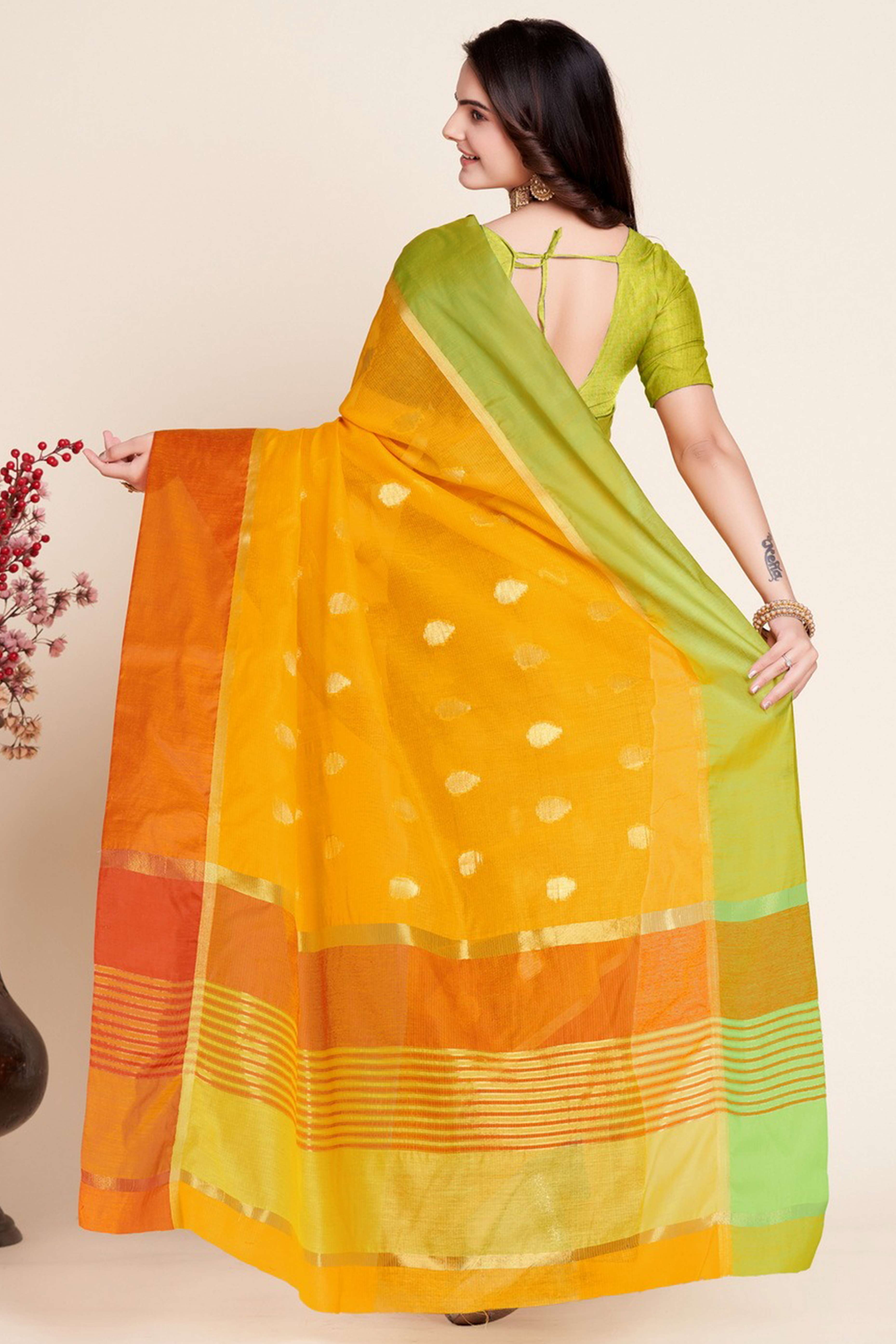 Yellow Zari Weaving Cotton Silk Saree