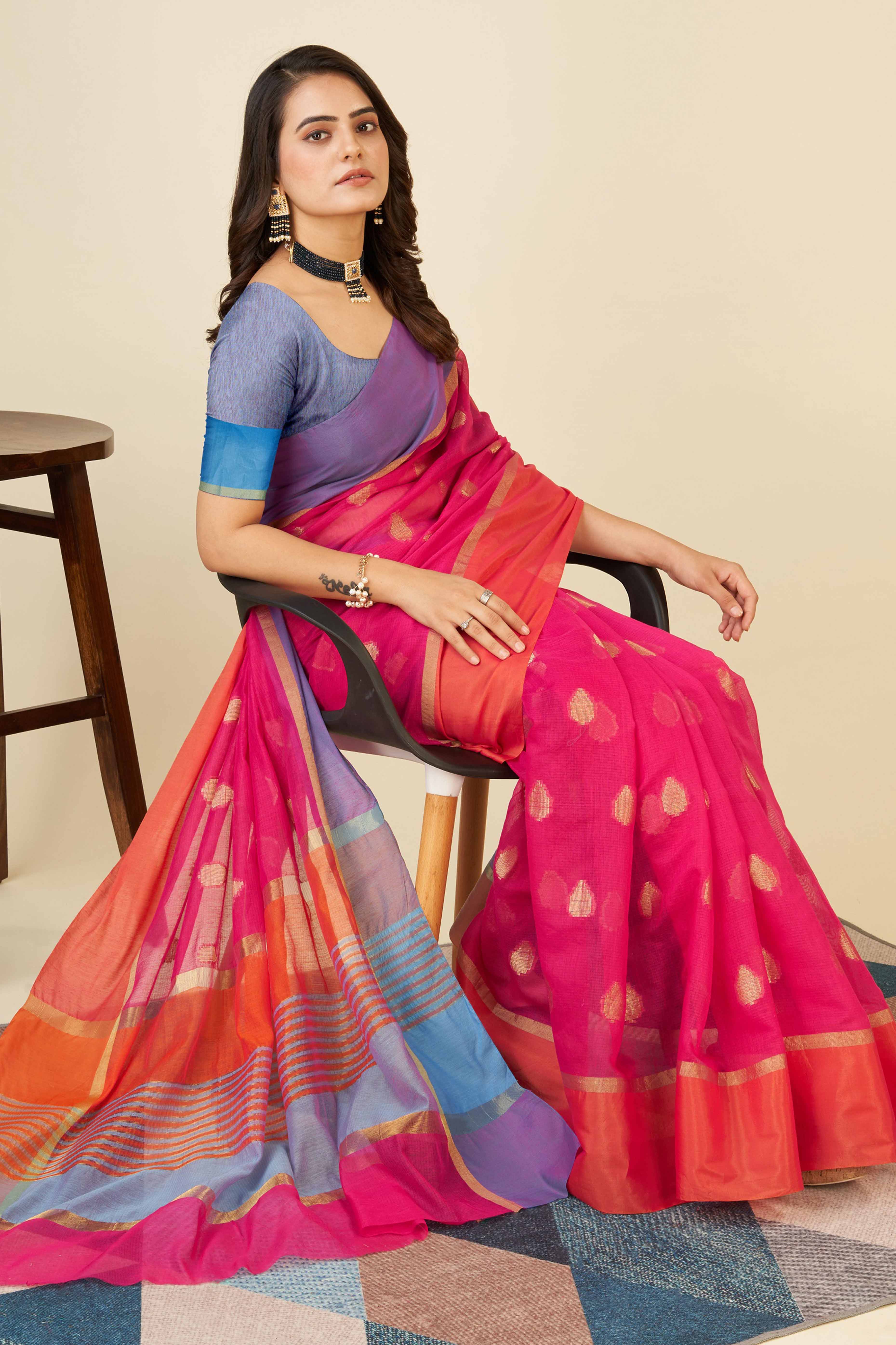 Pink Zari Weaving Cotton Silk Saree