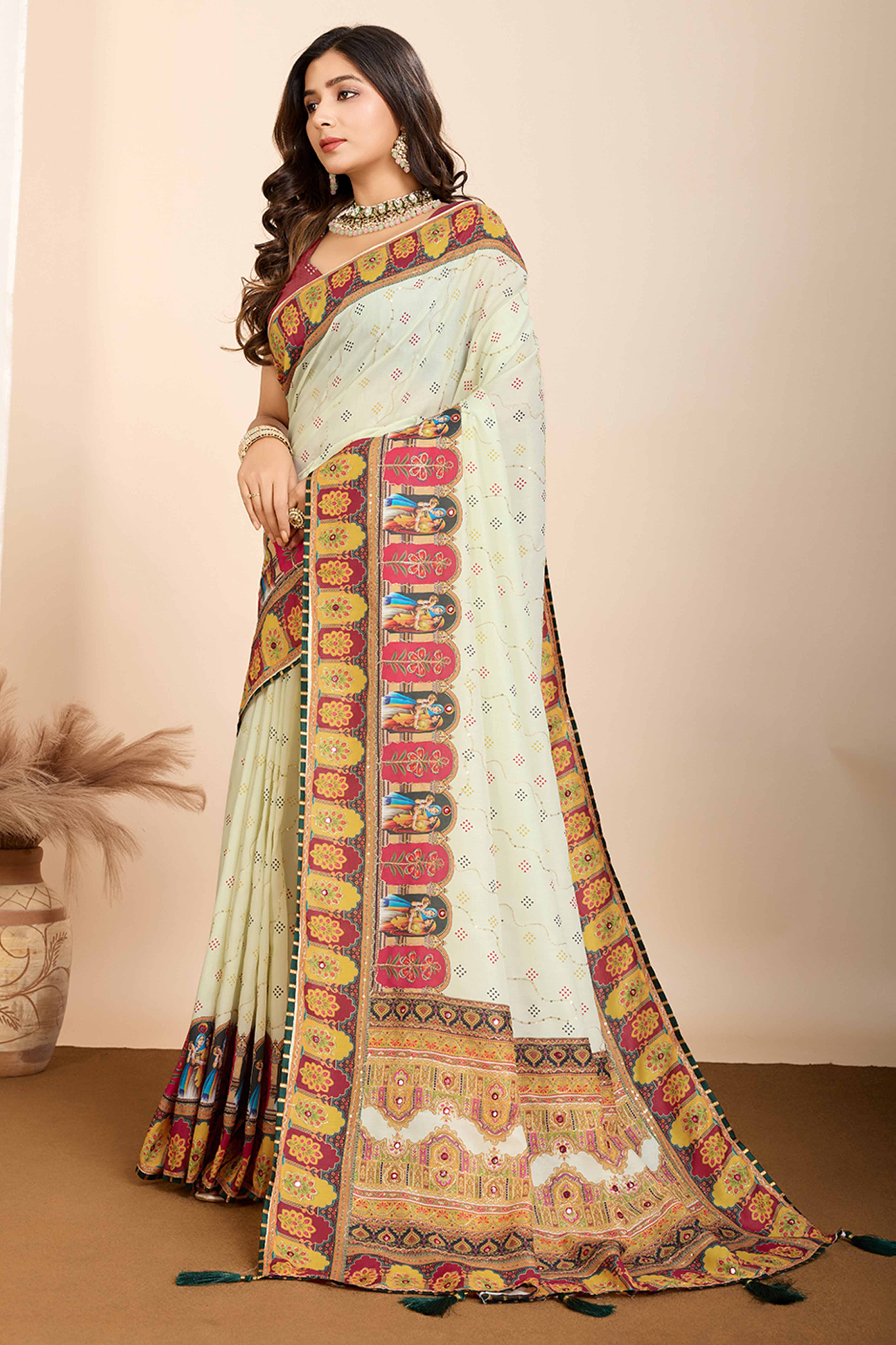Pista Green Digital Print with Embroidery Work Muslin Saree