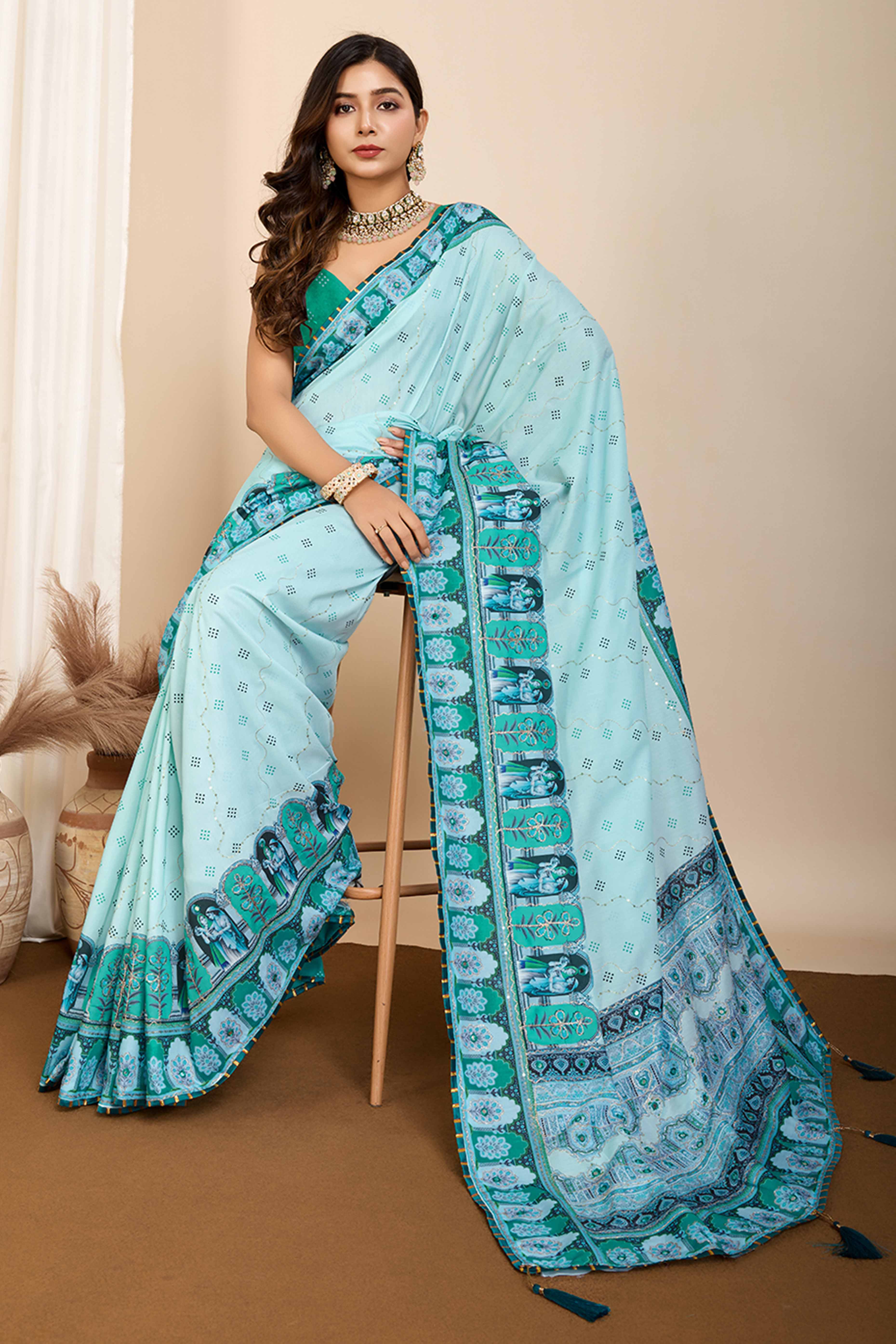 Sky Blue Digital Print with Embroidery Work Muslin Saree