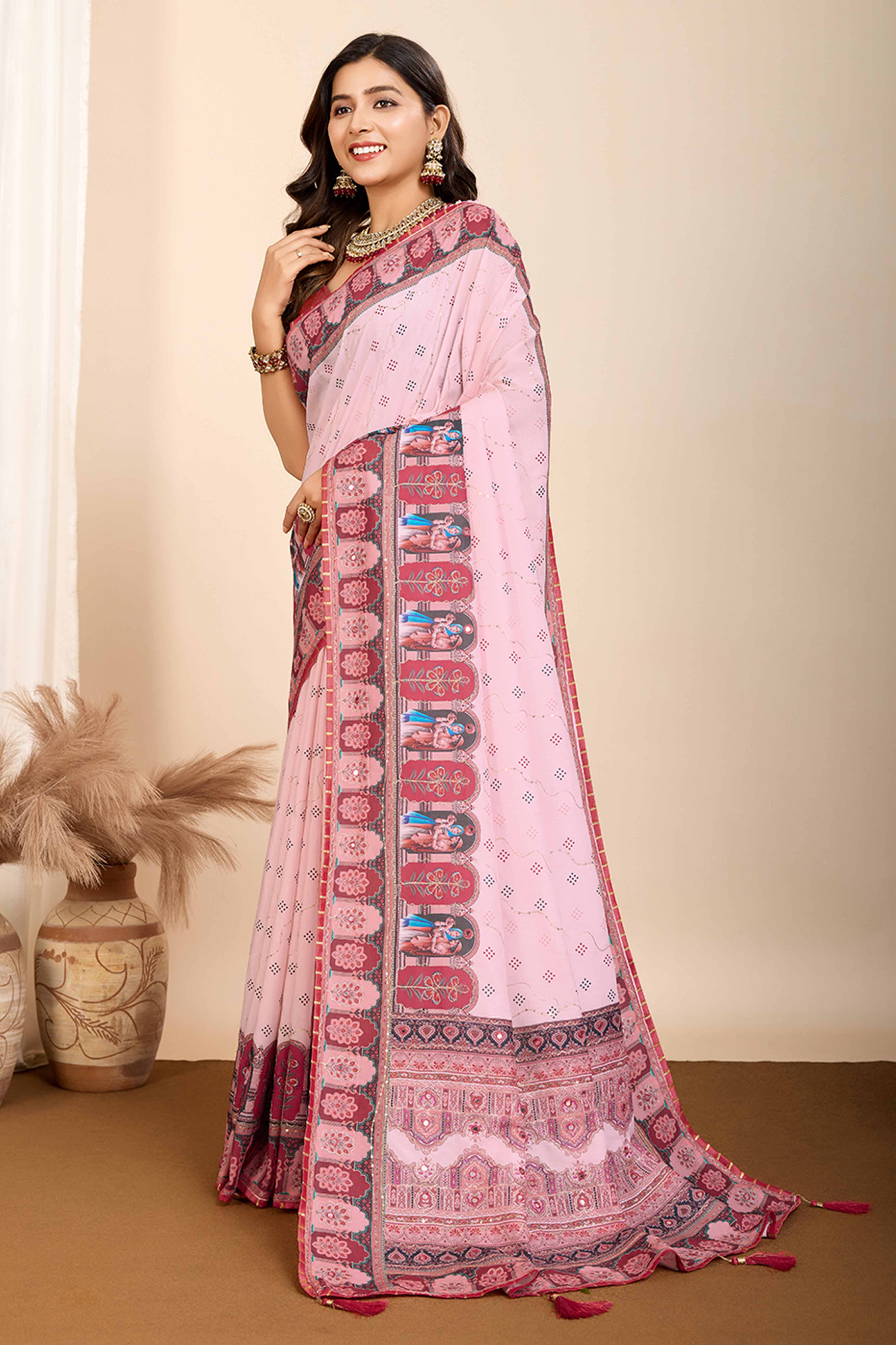 Pink Digital Print with Embroidery Work Muslin Saree