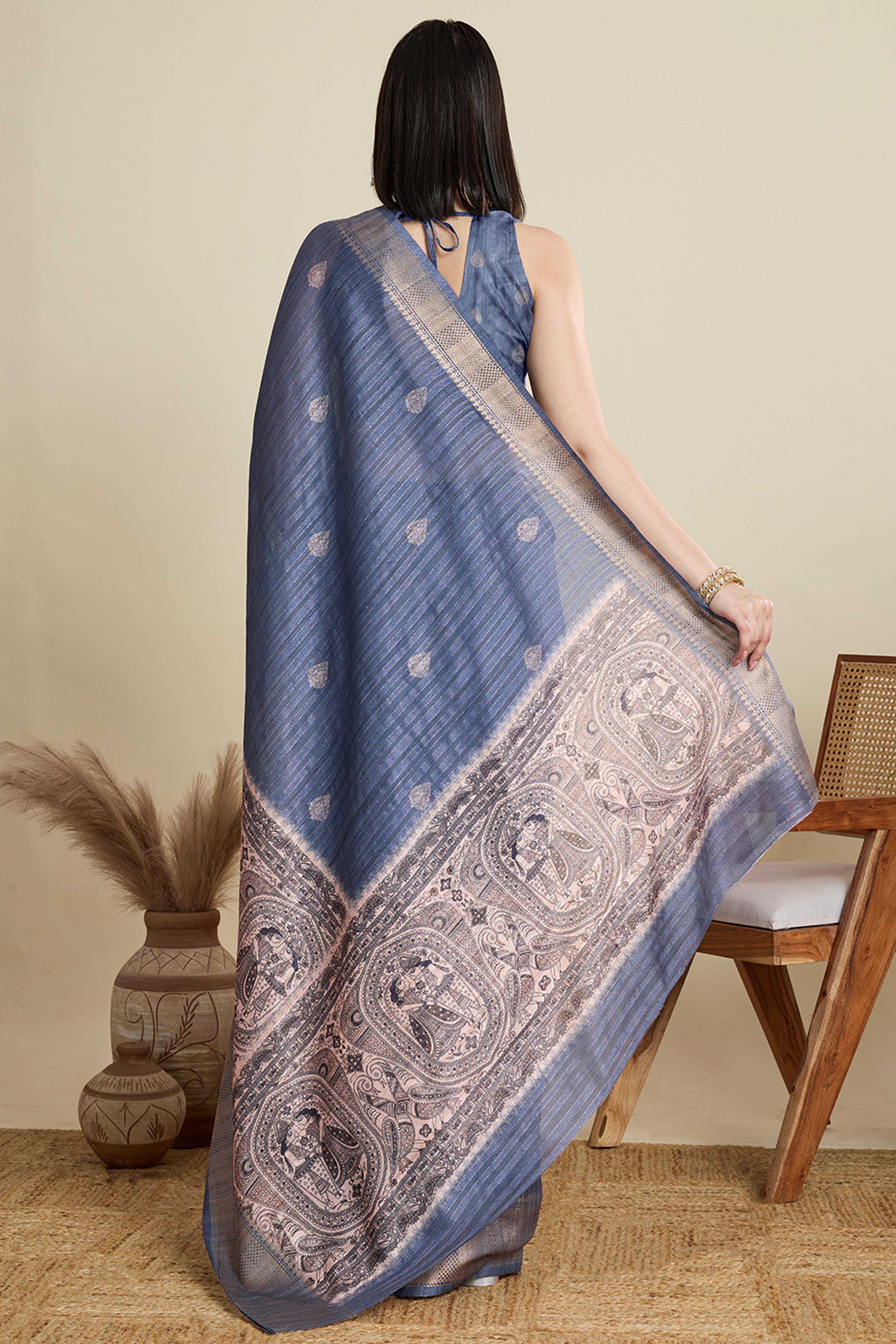Blue Cotton Blend Saree Featuring Floral Prints and a Festive Zari Border Accent