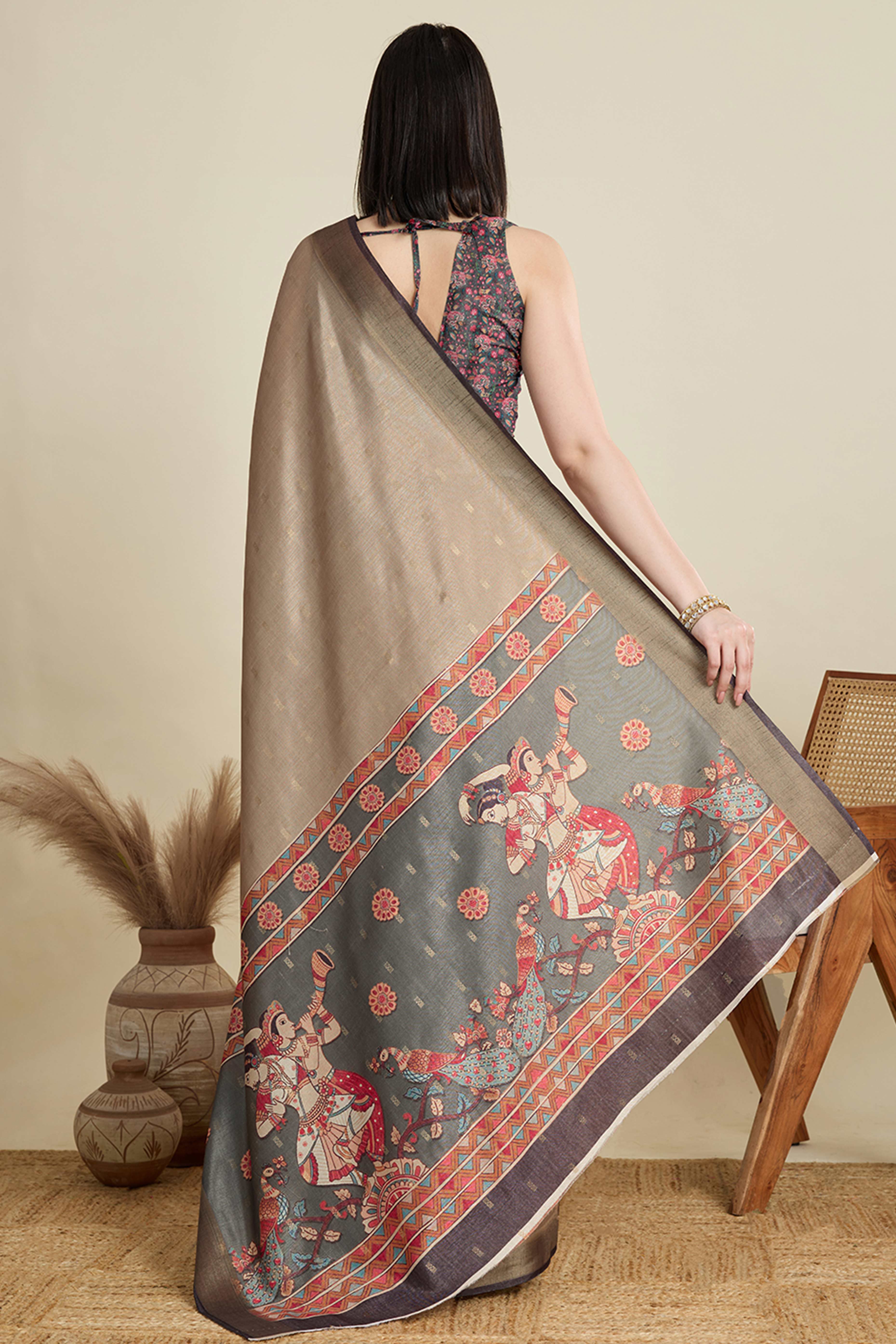 Beige Cotton Blend Saree with Traditional Weaving Butti Work and Gleaming Zari Border
