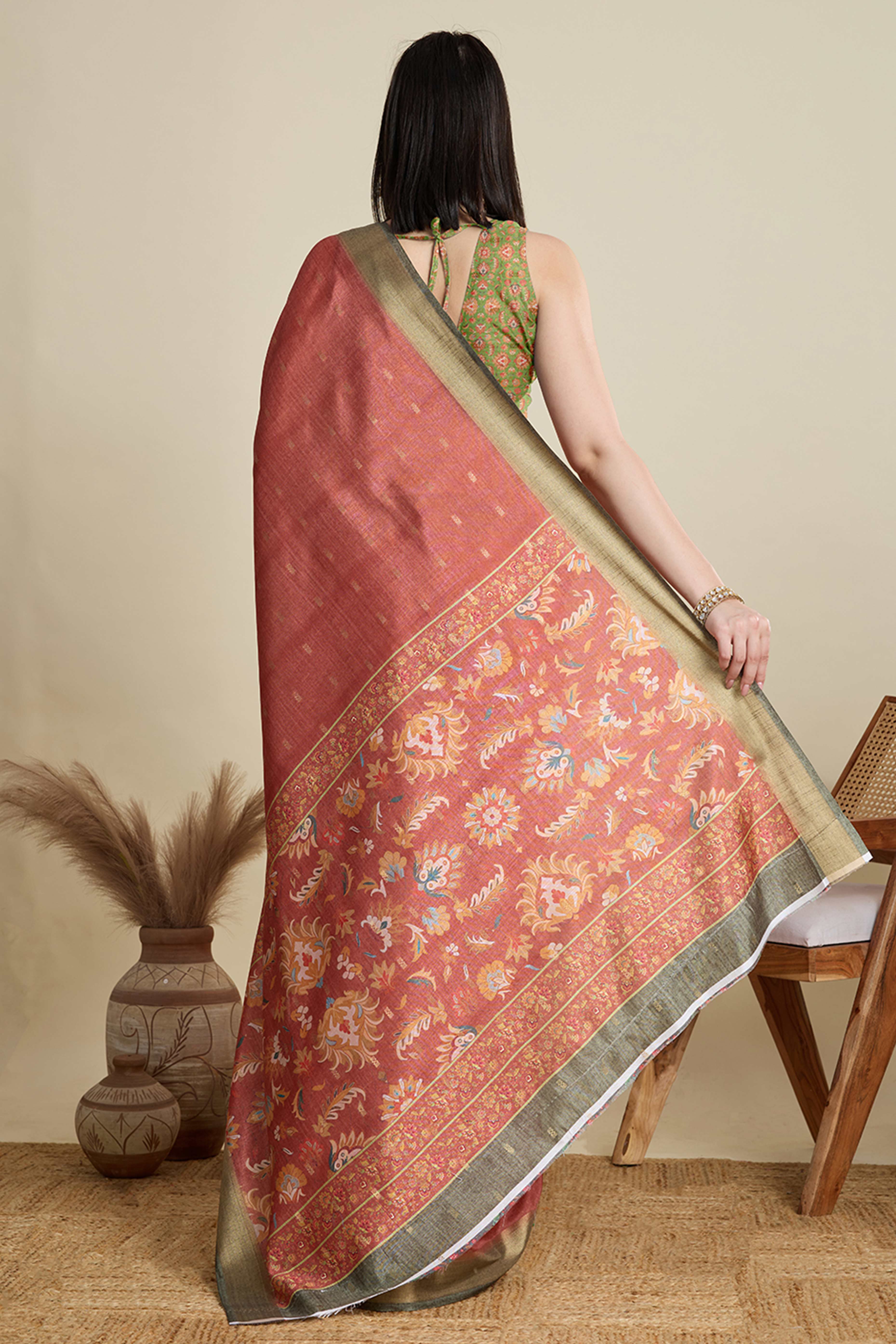 Rust Cotton Blend Saree with Traditional Weaving Butti Work and Gleaming Zari Border