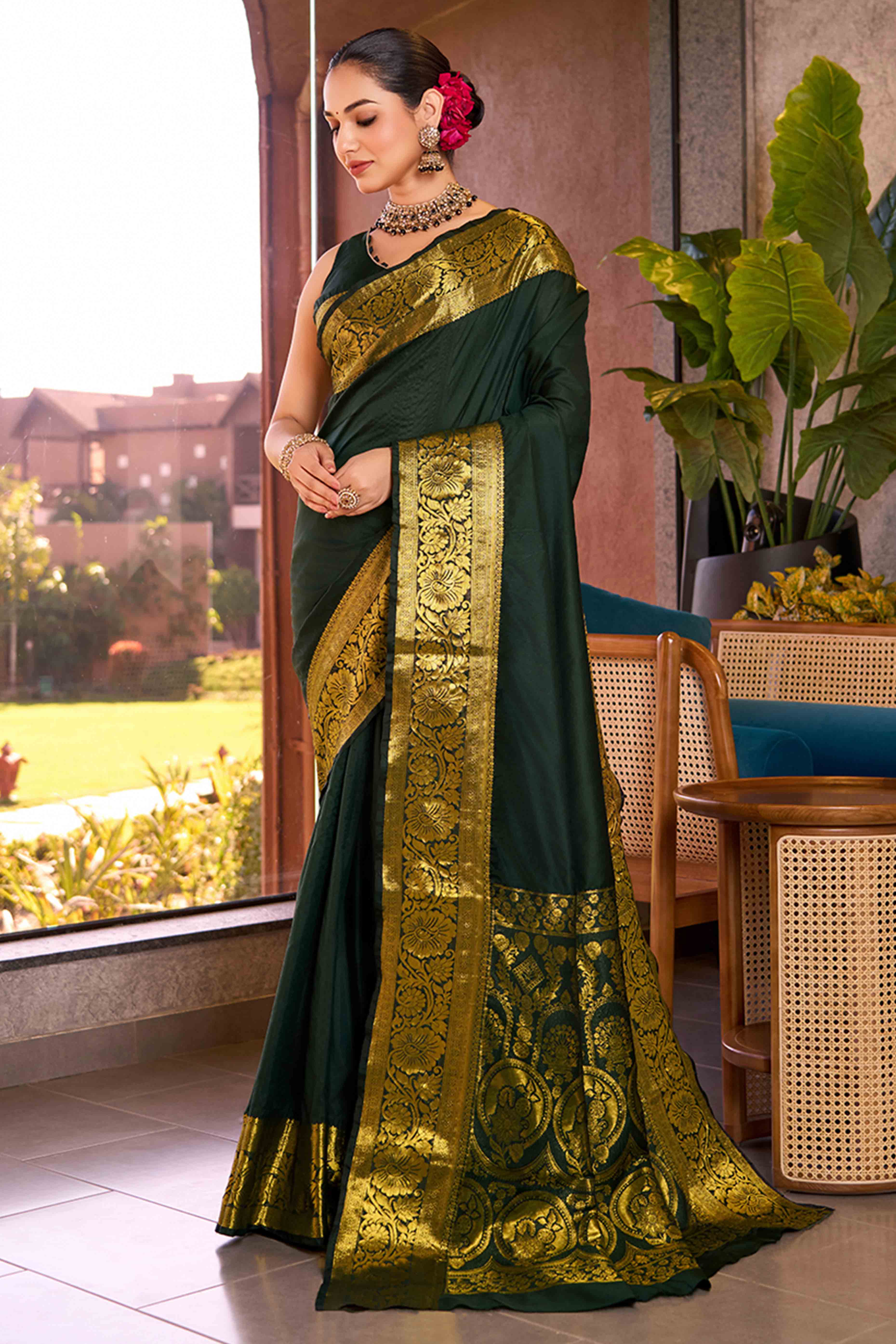 Step Into Elegance With Green Floral Zari Woven Pure Silk Saree