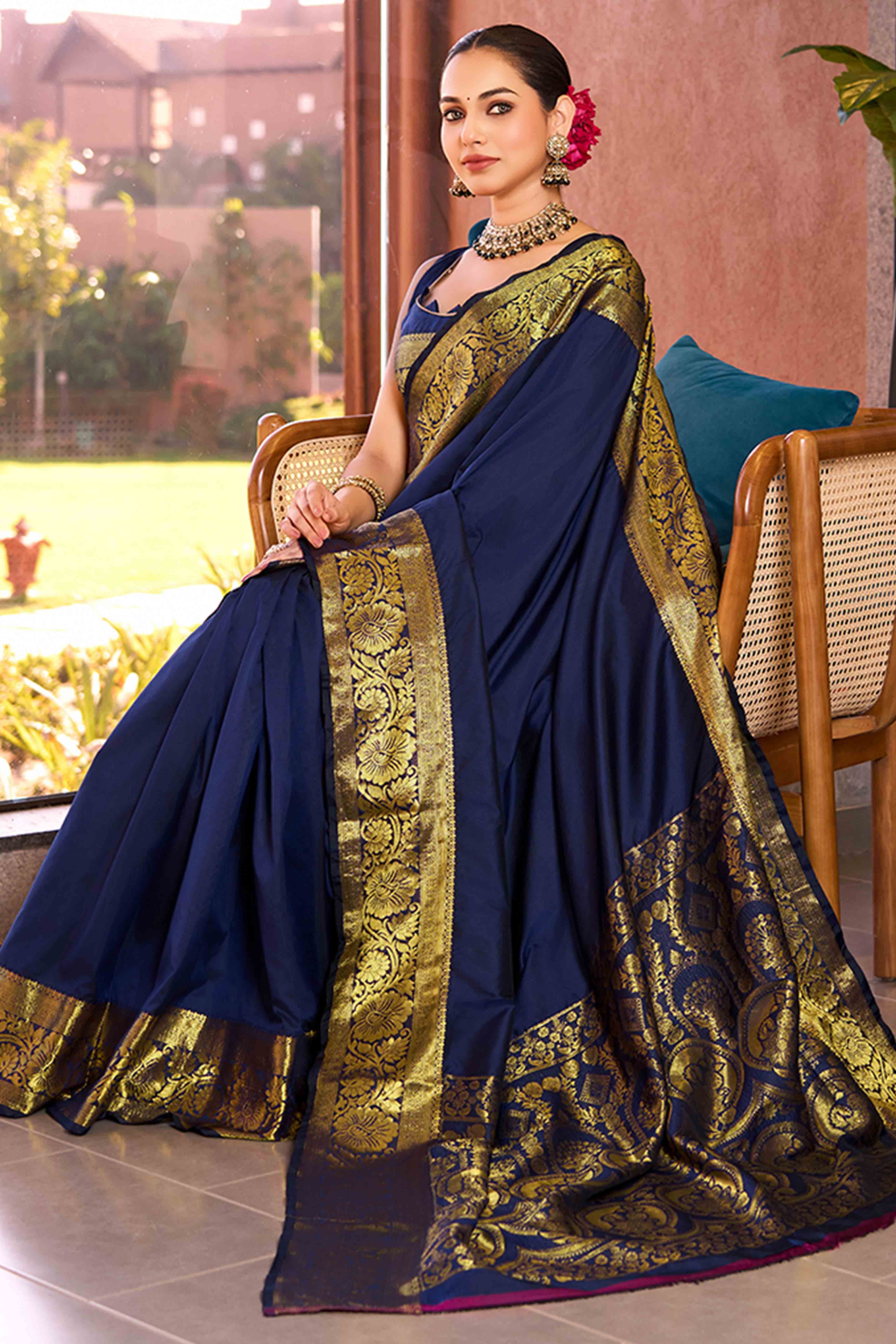 Unveil Your Grace In Navy Blue Floral Woven Pure Silk Saree