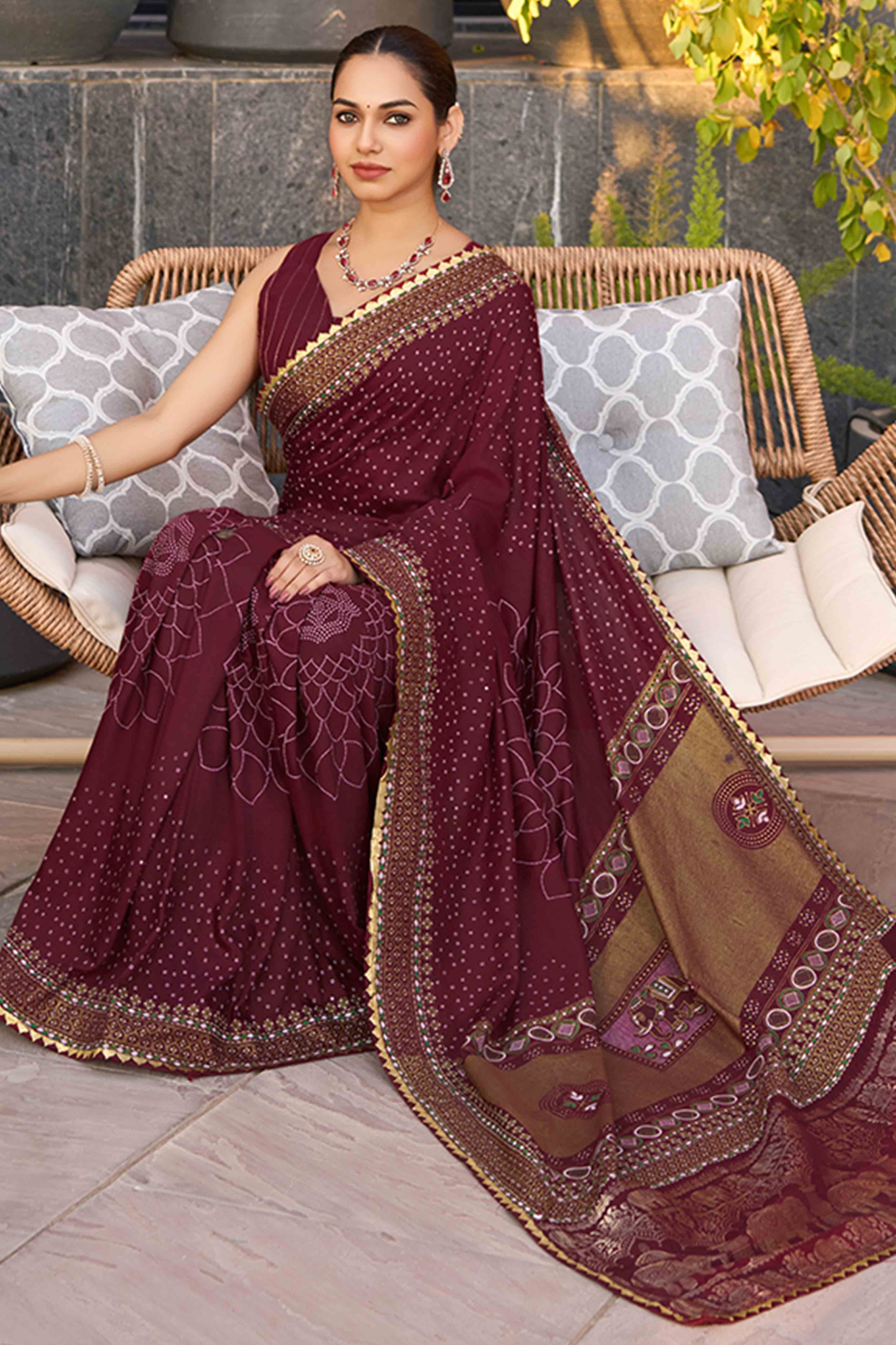 Feel The Luxury Of Maroon Bandhani Foil Printed Cotton Silk Sarree With Lace Border