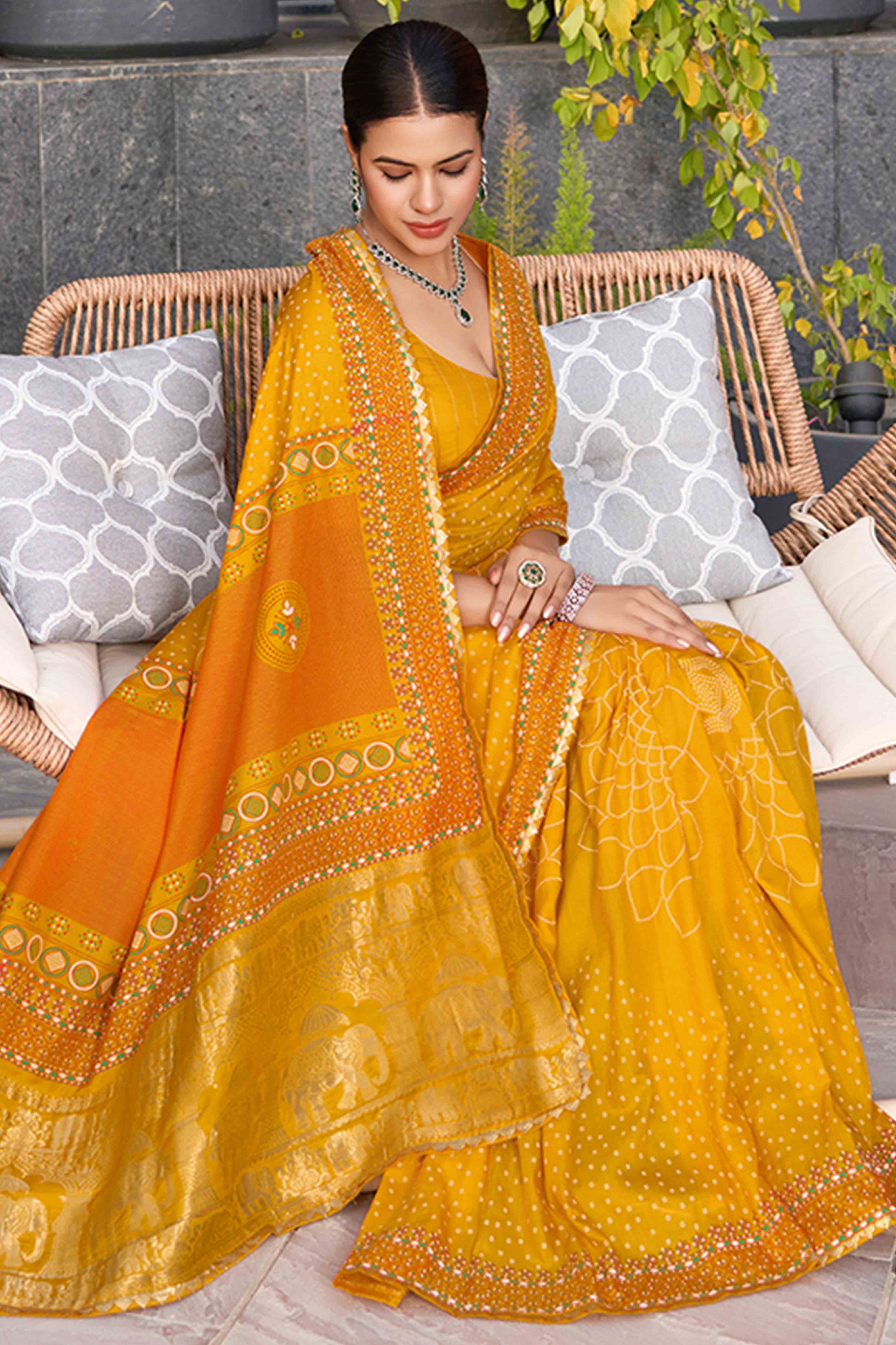 Feel The Luxury Of Mustard Bandhani Foil Printed Cotton Silk Sarree With Lace Border
