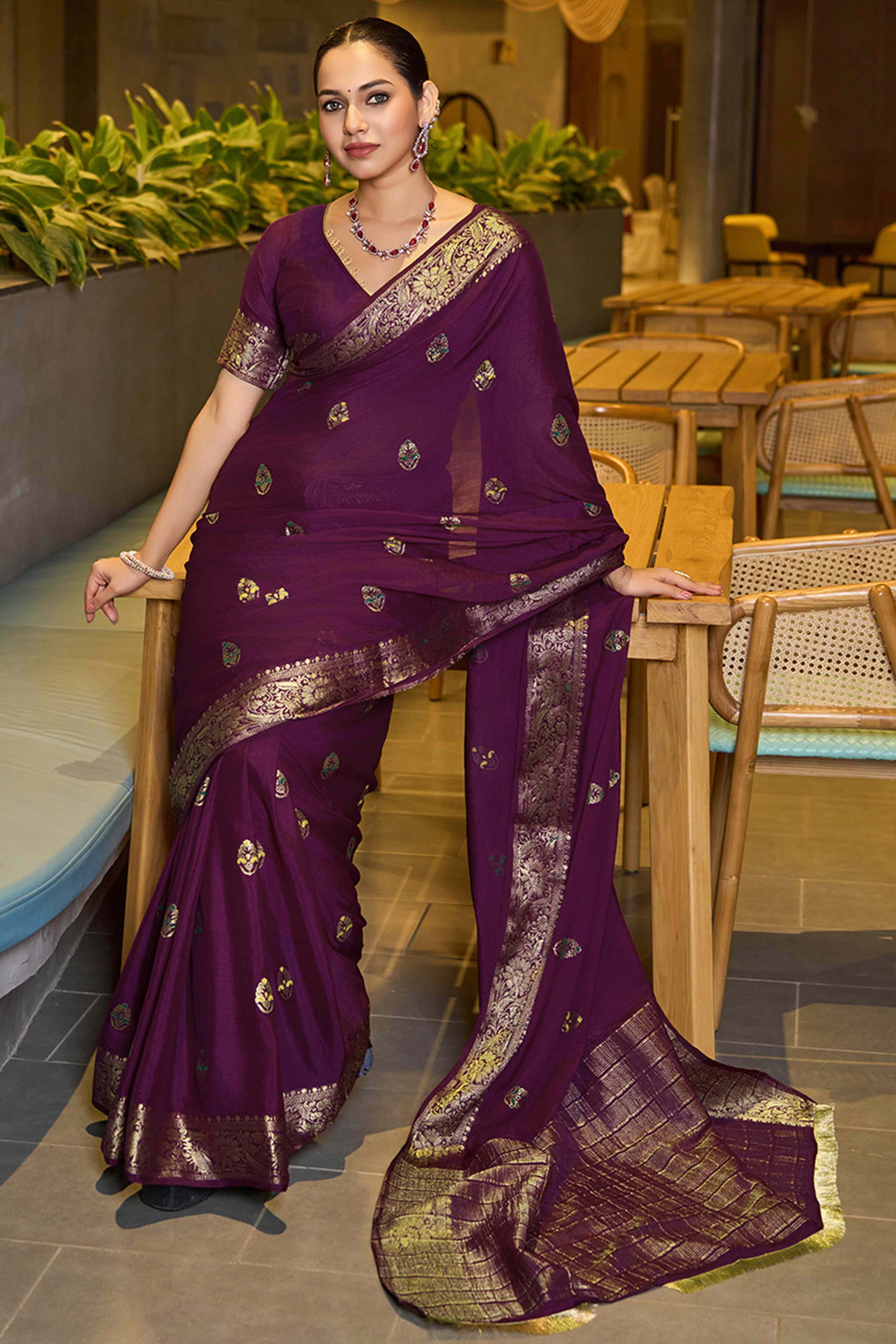 Celebrate Heritage With Wine Floral Woven Chinon Silk Saree