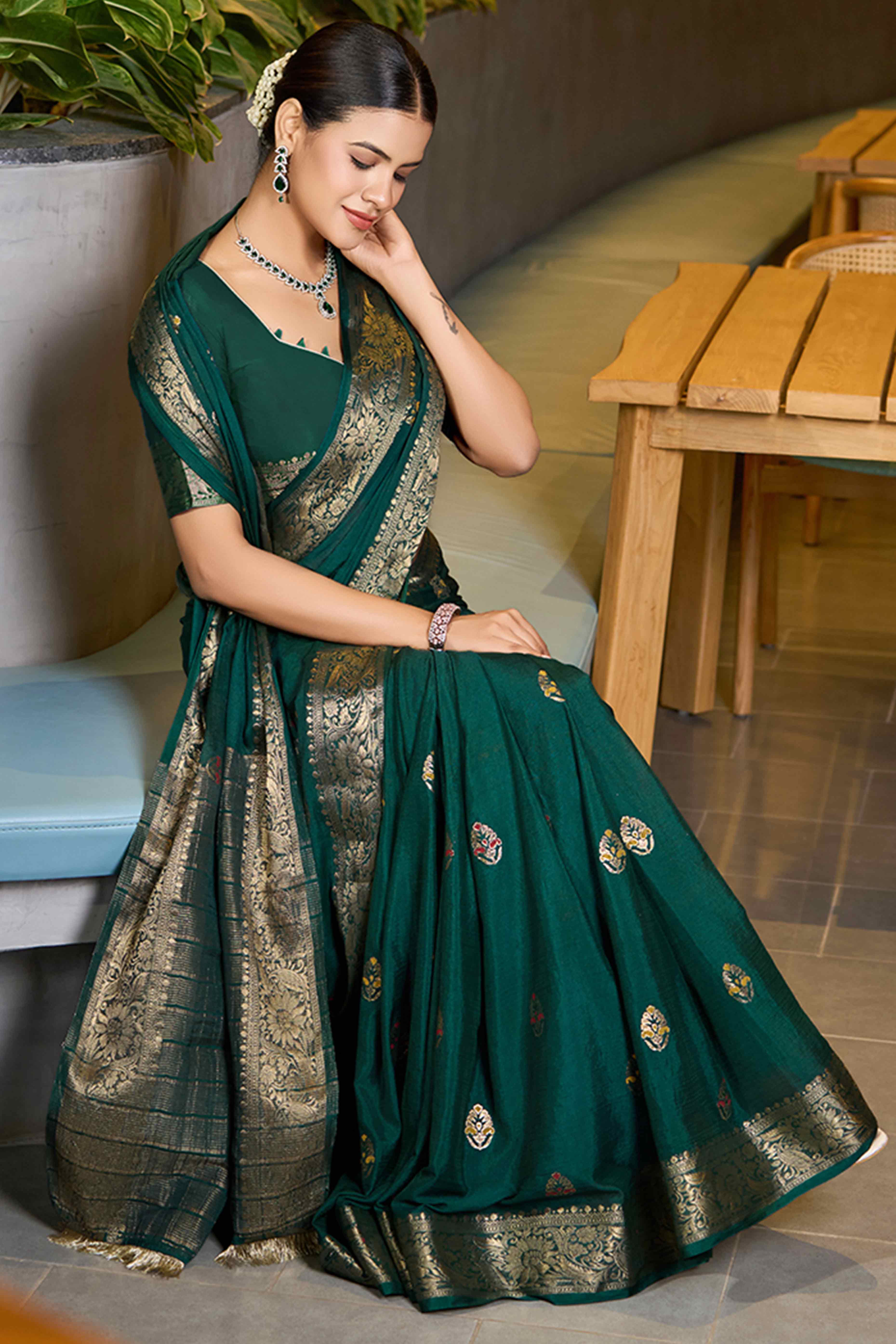 Experience Timeless Beauty With Green Floral Woven Chinon Silk Saree