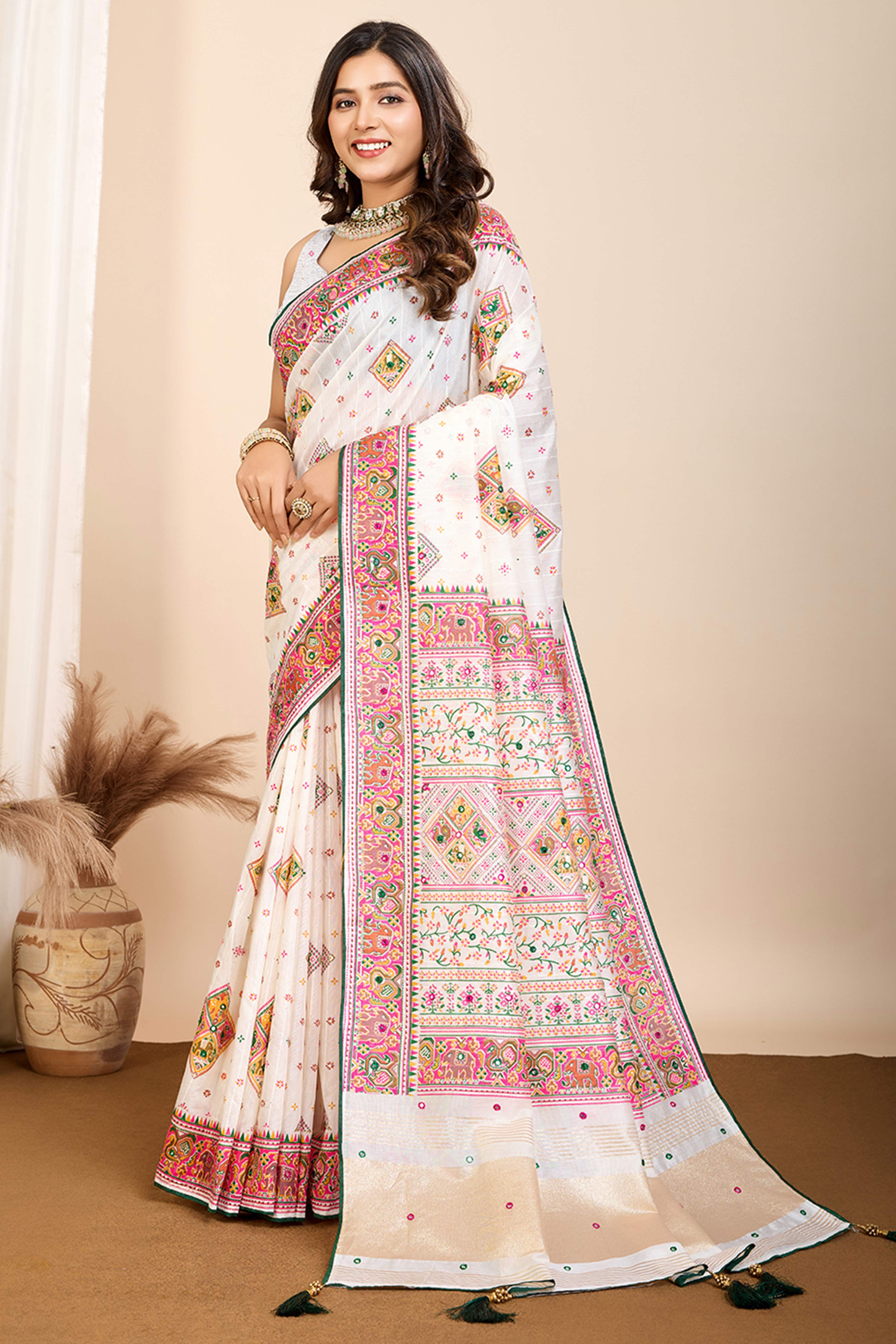 Off White Patola Printed Cotton Silk Saree