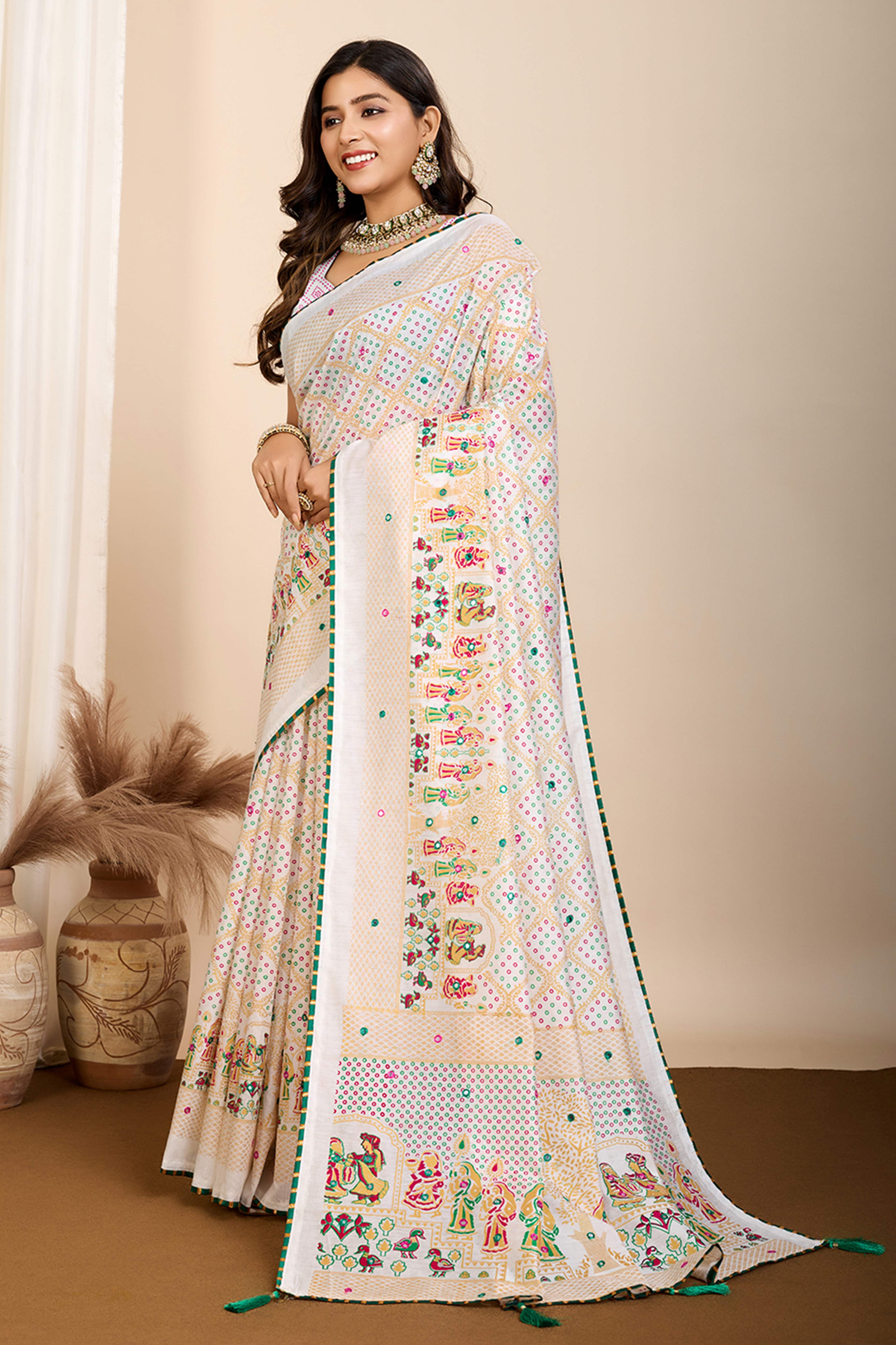 Off White Mirror Work Bandhani Printed Muslin Saree