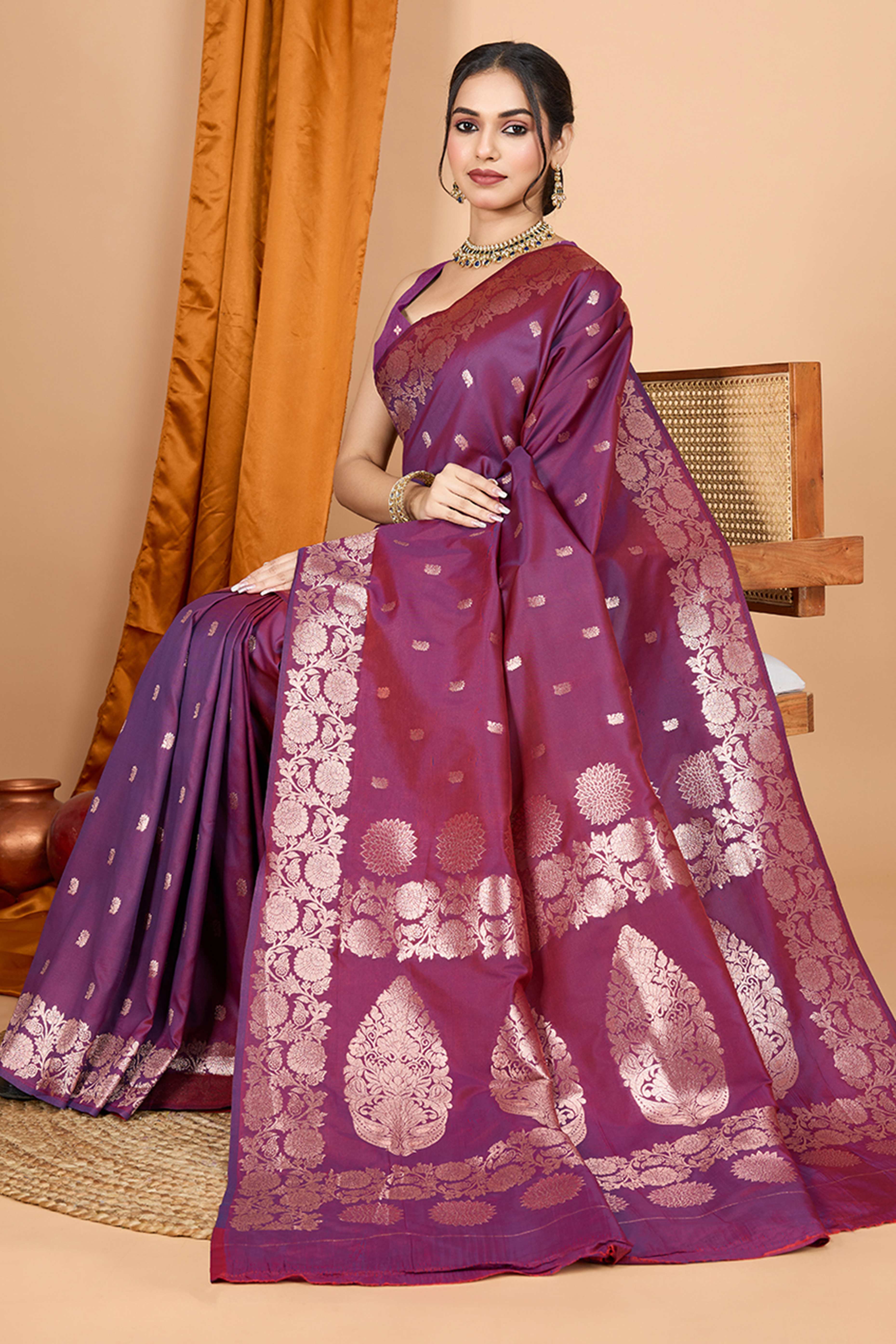 Wine Banarasi Silk Saree With Intricate Floral Zari Weaving