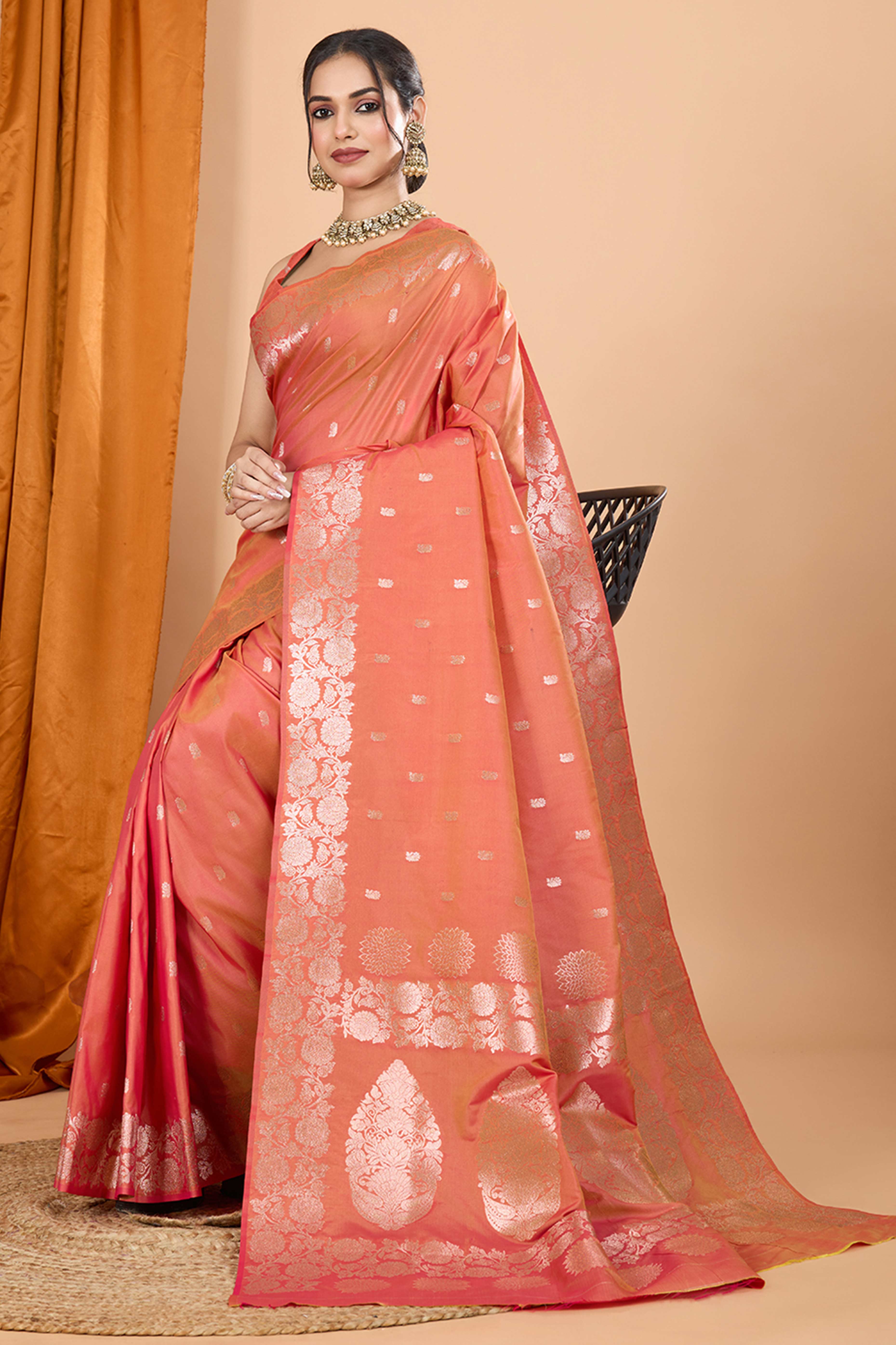 Peach Banarasi Silk Saree With Intricate Floral Zari Weaving