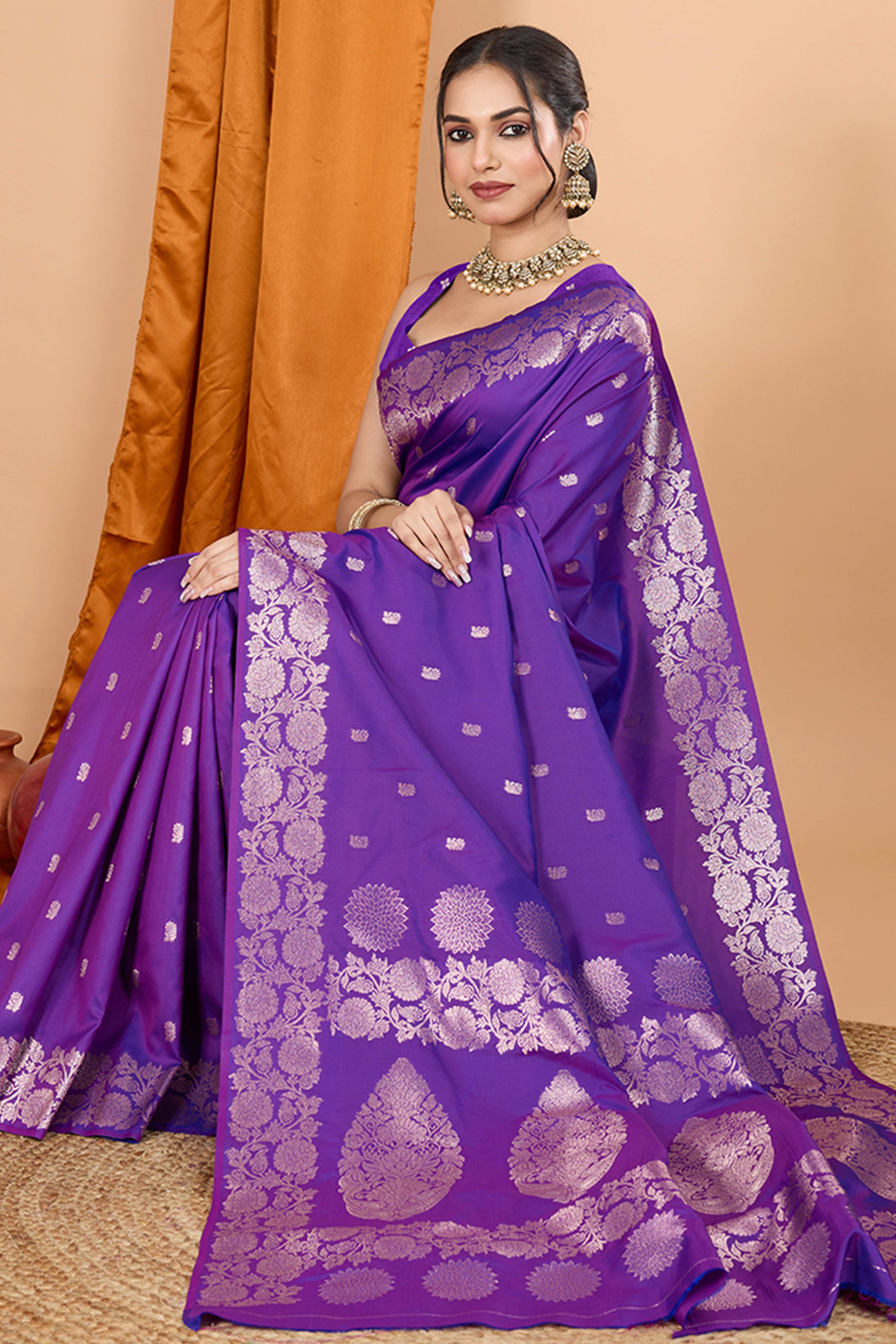 Violet Banarasi Silk Saree With Intricate Floral Zari Weaving