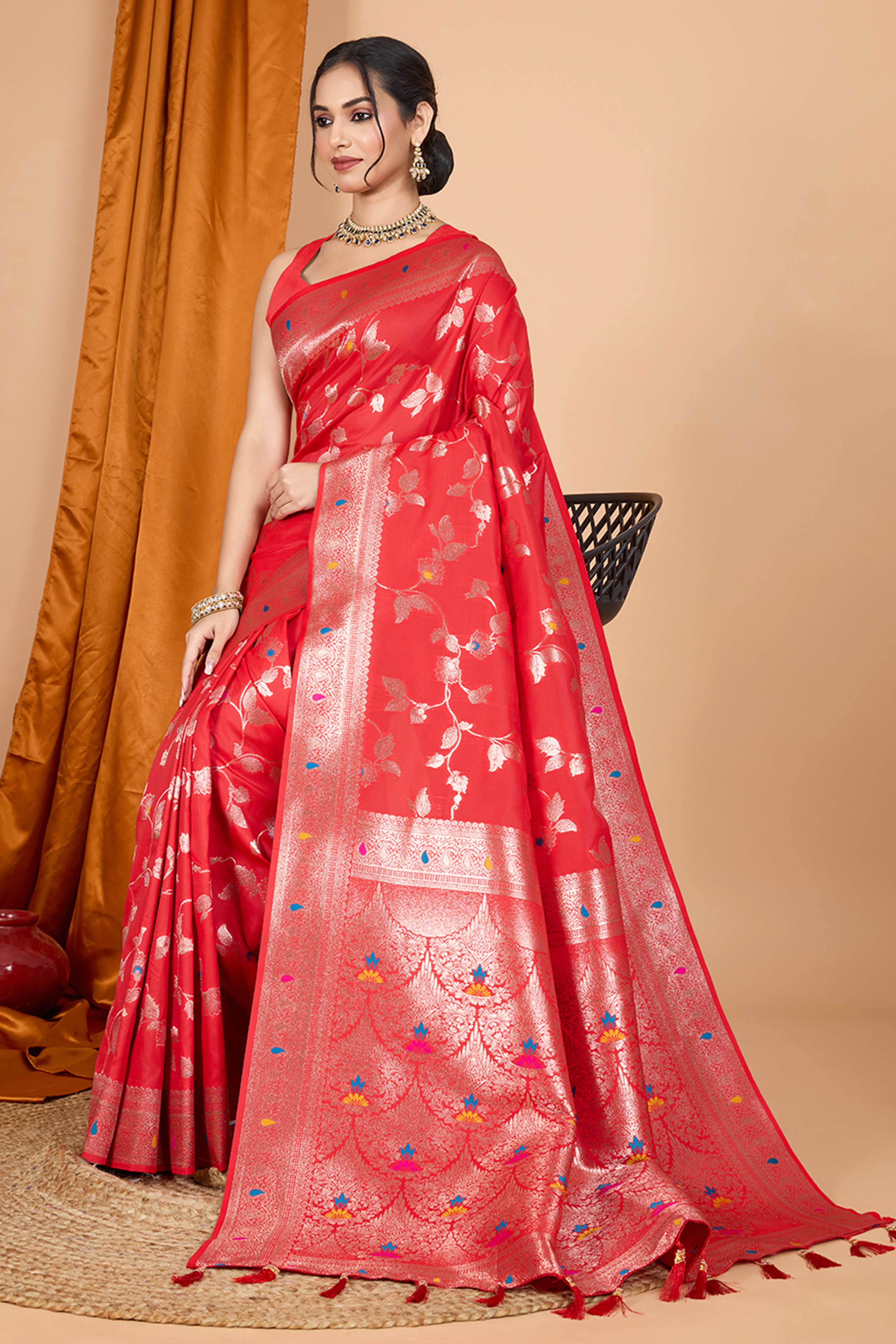 Red Banarasi Silk Saree With Exquisite Floral Zari Weaving and Elegant Tassels
