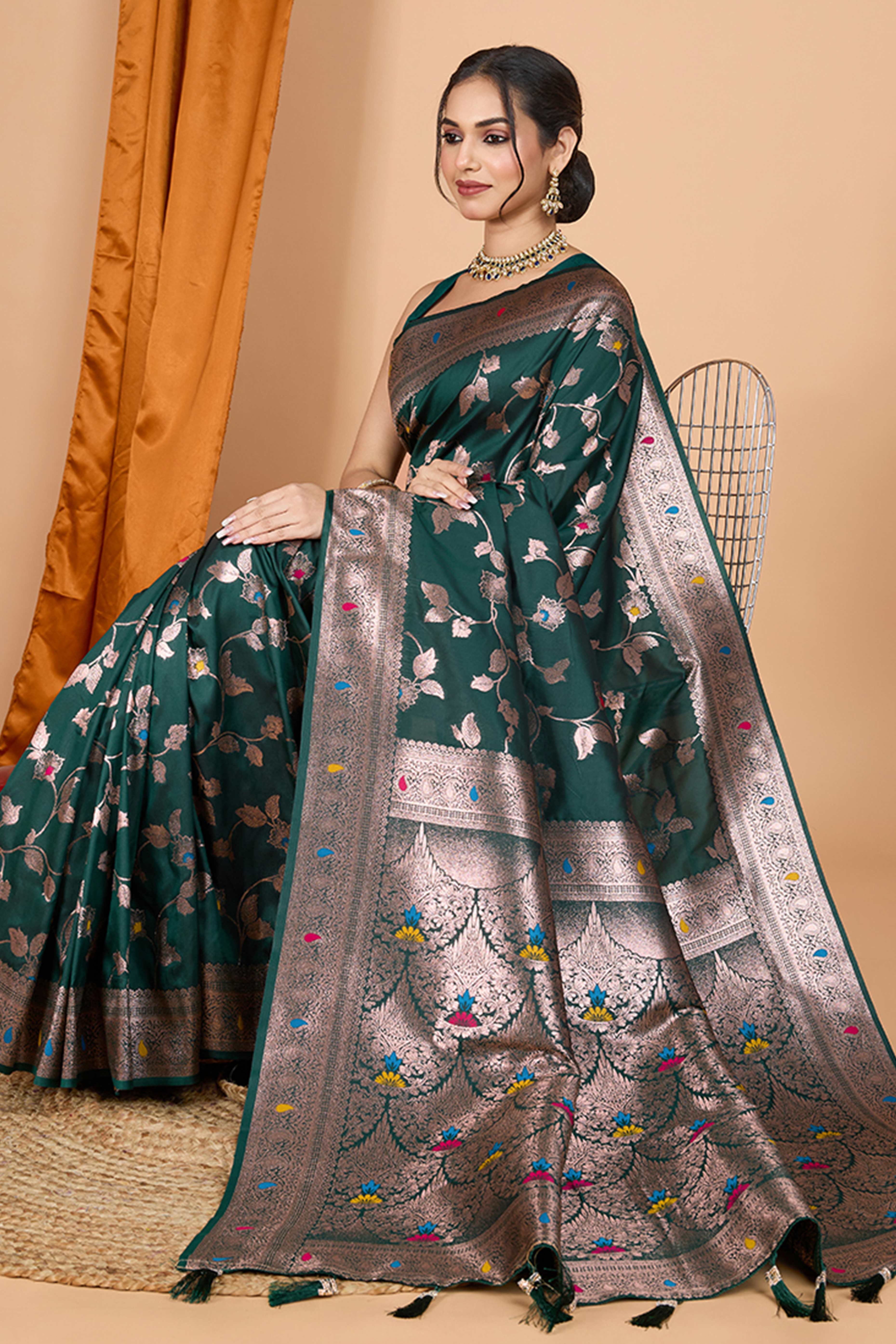 Green Banarasi Silk Saree With Exquisite Floral Zari Weaving and Elegant Tassels