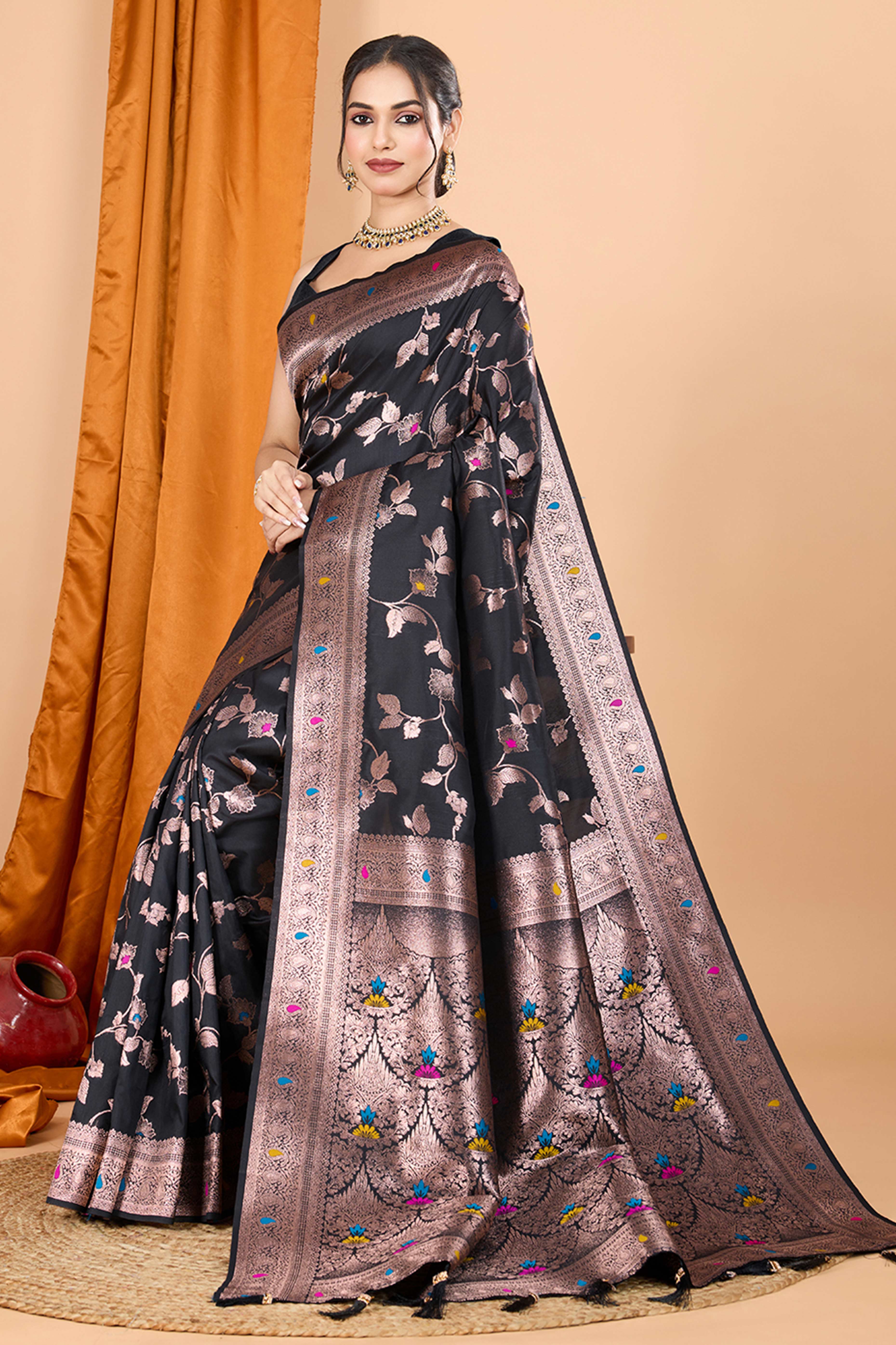 Black Banarasi Silk Saree With Exquisite Floral Zari Weaving and Elegant Tassels