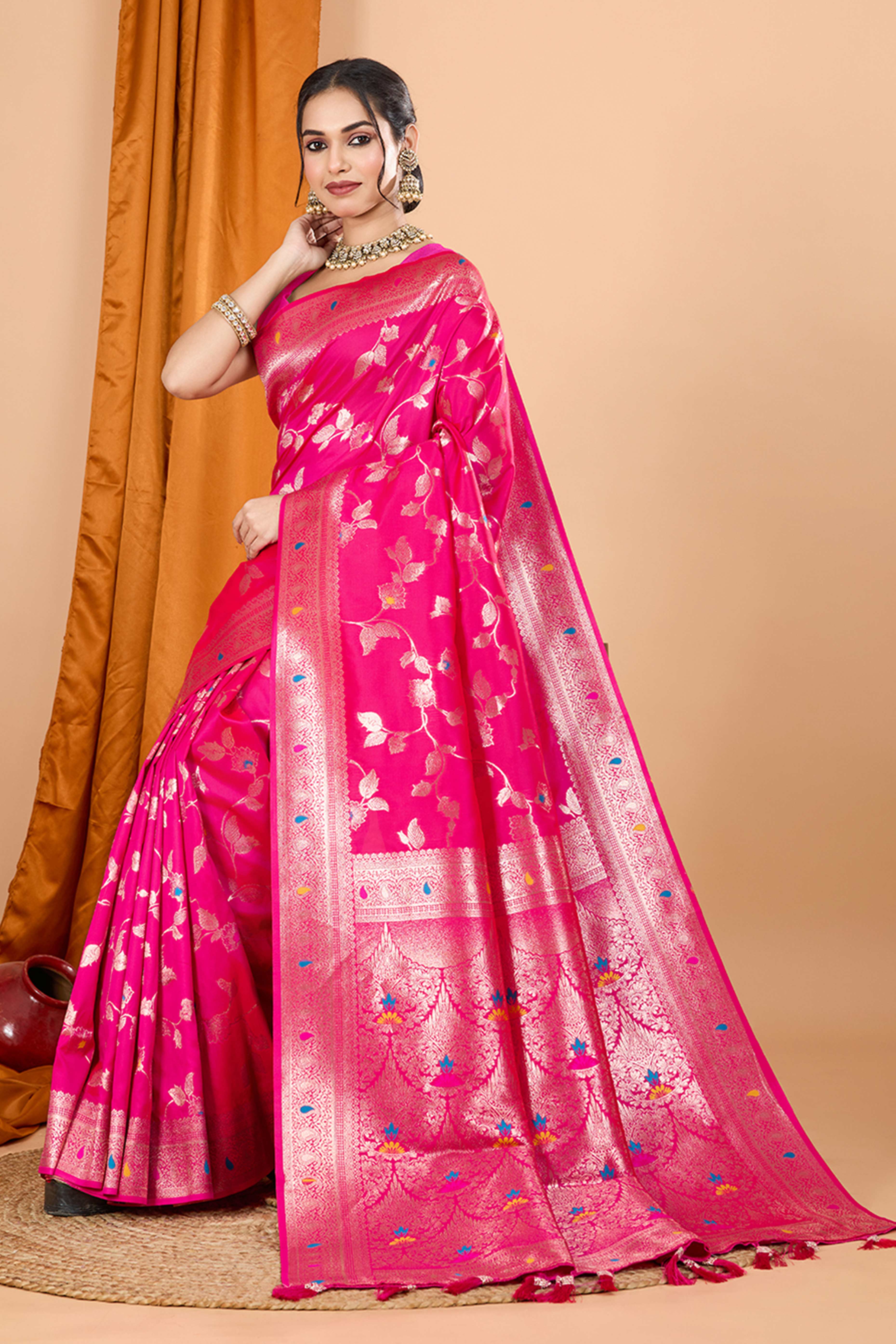 Pink Banarasi Silk Saree With Exquisite Floral Zari Weaving and Elegant Tassels