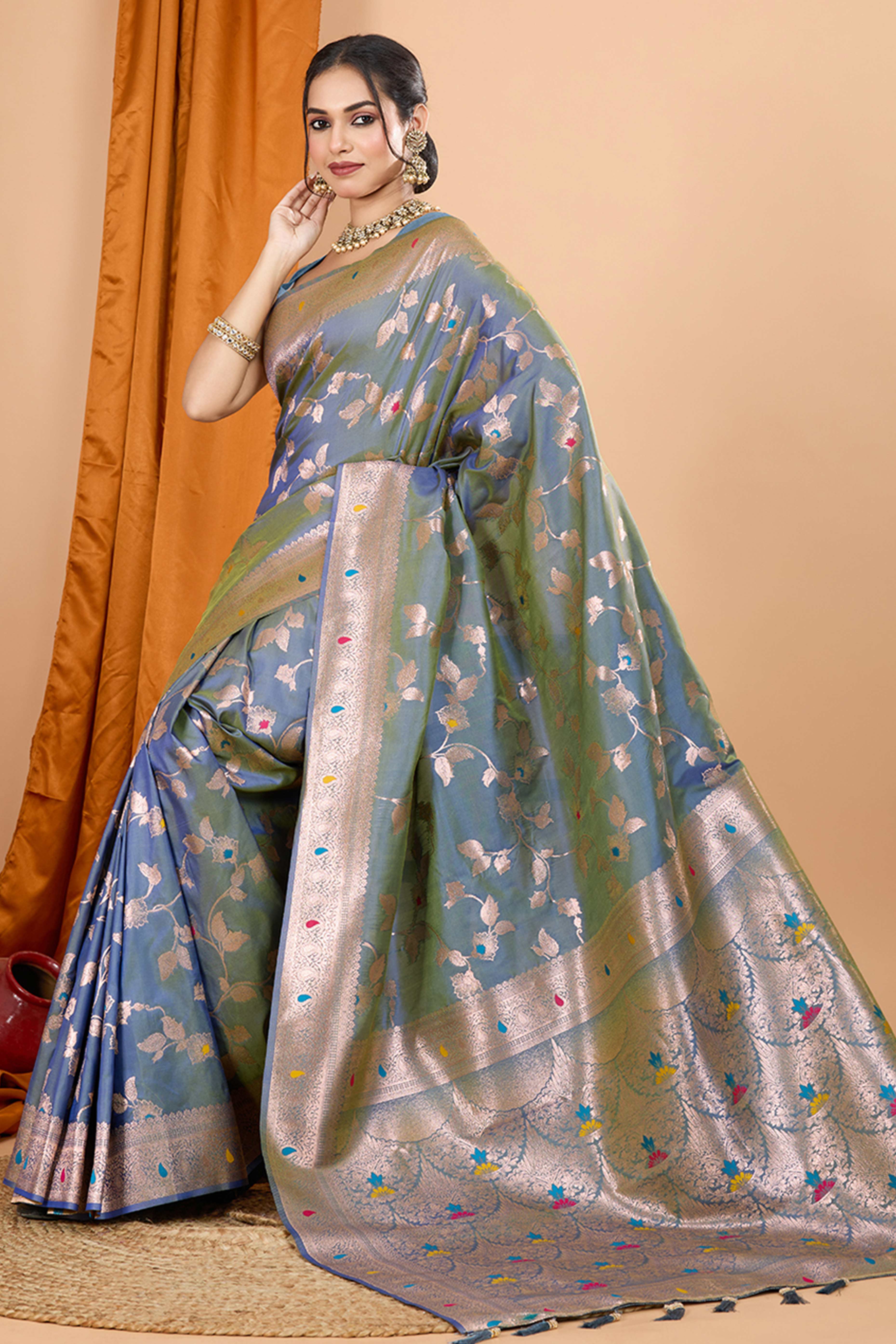 Greyish Blue Banarasi Silk Saree With Exquisite Floral Zari Weaving and Elegant Tassels