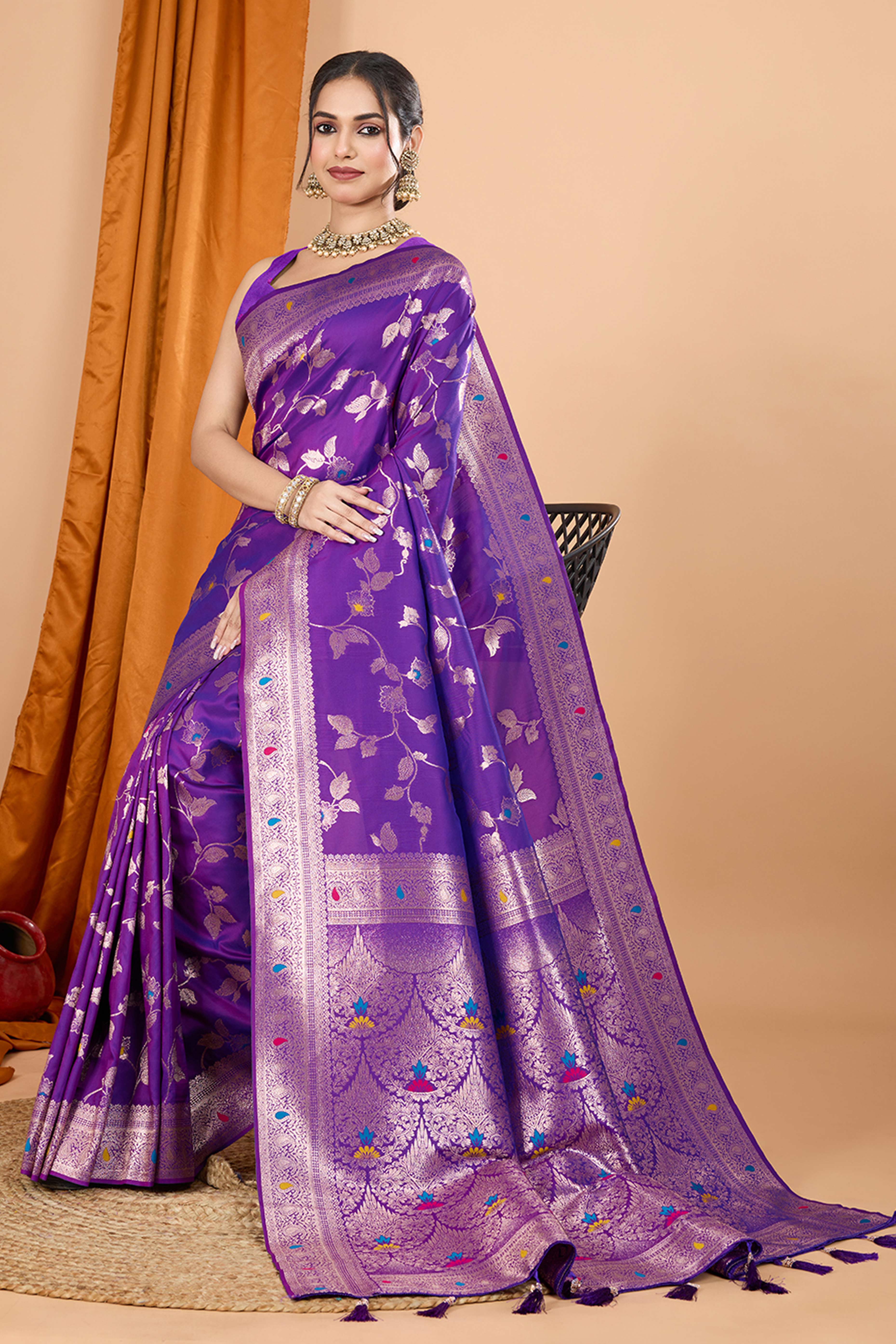 Violet Banarasi Silk Saree With Exquisite Floral Zari Weaving and Elegant Tassels