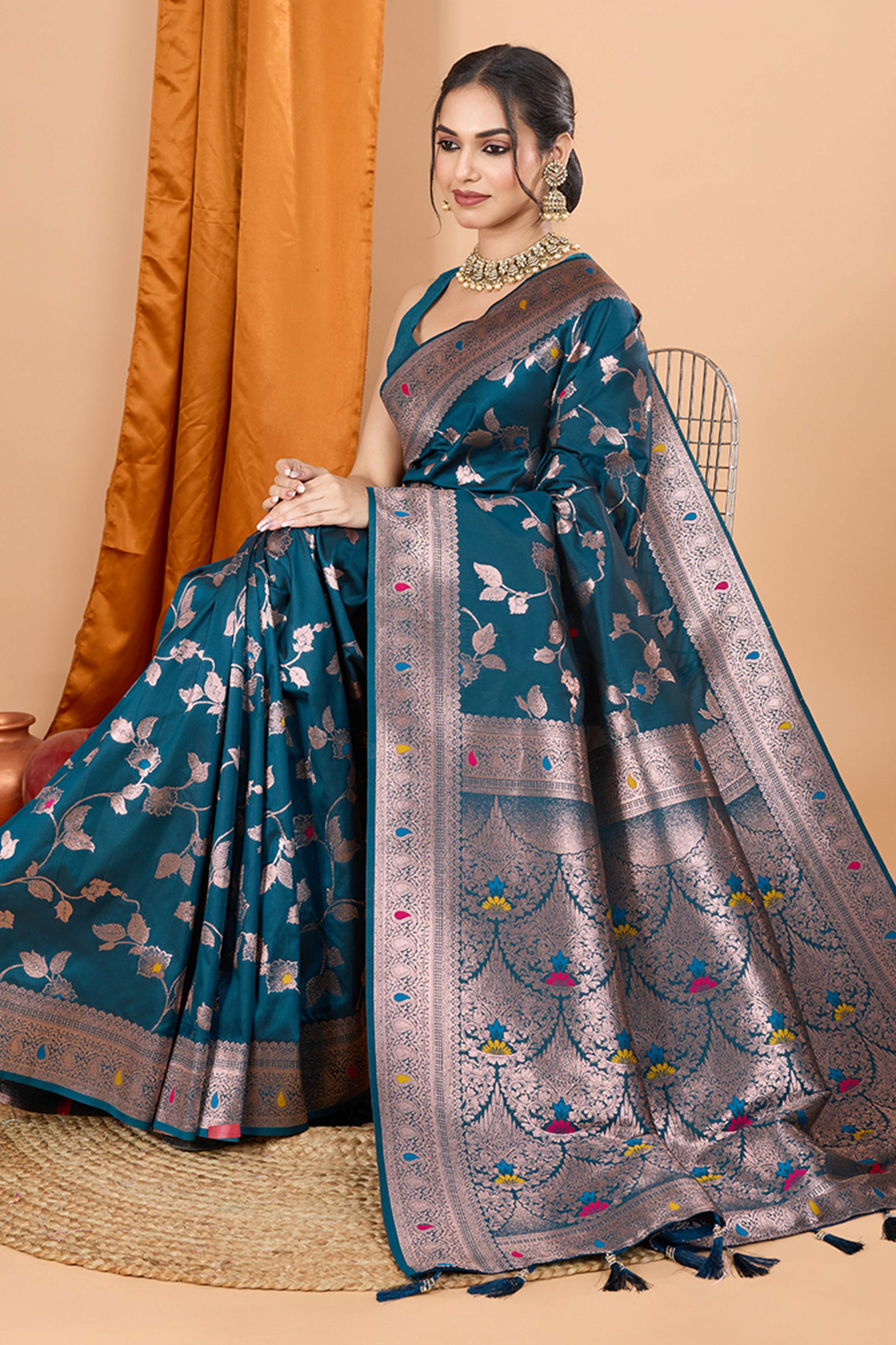 Teal Banarasi Silk Saree With Exquisite Floral Zari Weaving and Elegant Tassels