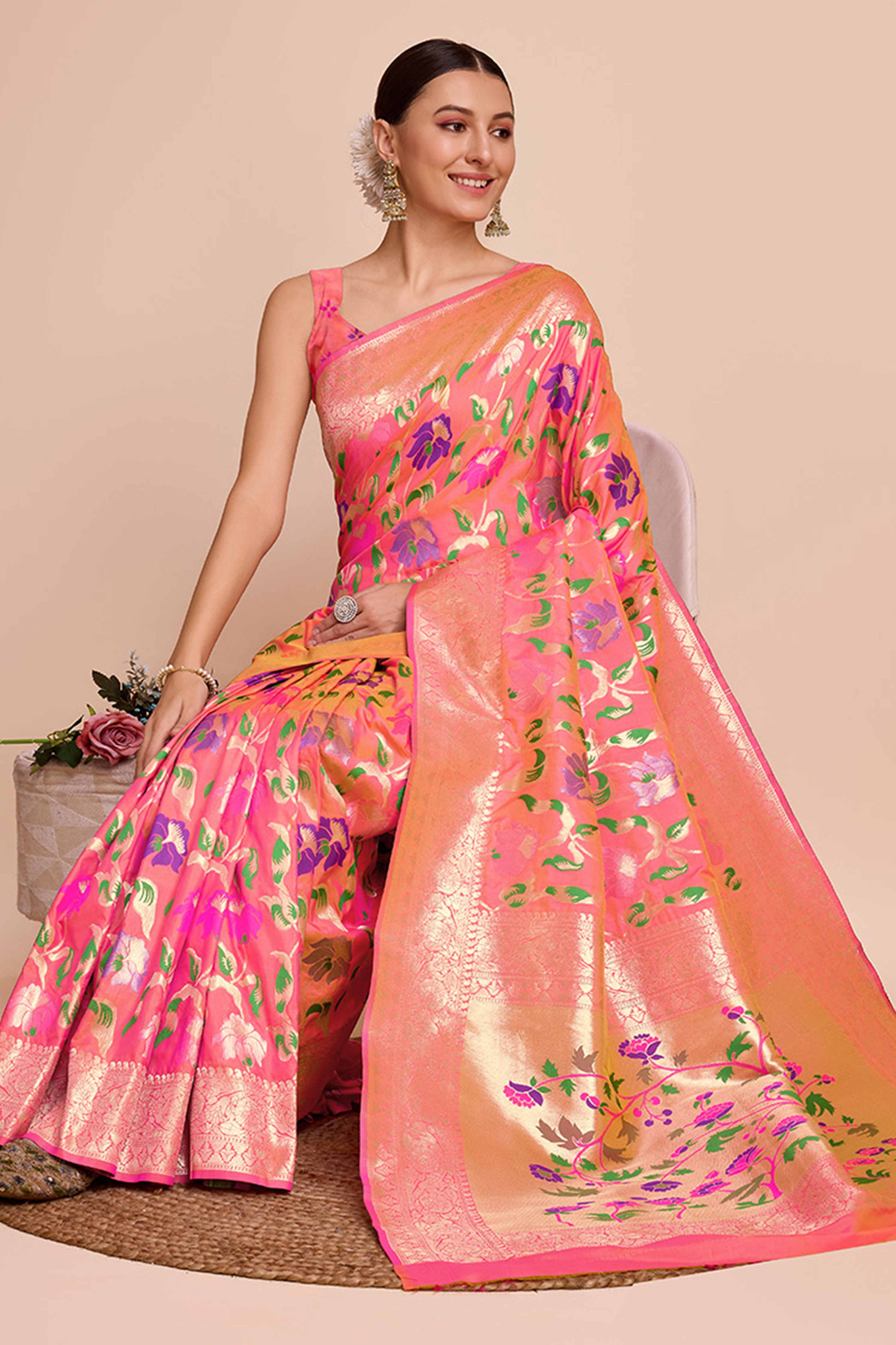 Peach Floral Zari Weaving Pure Silk Paithani Saree