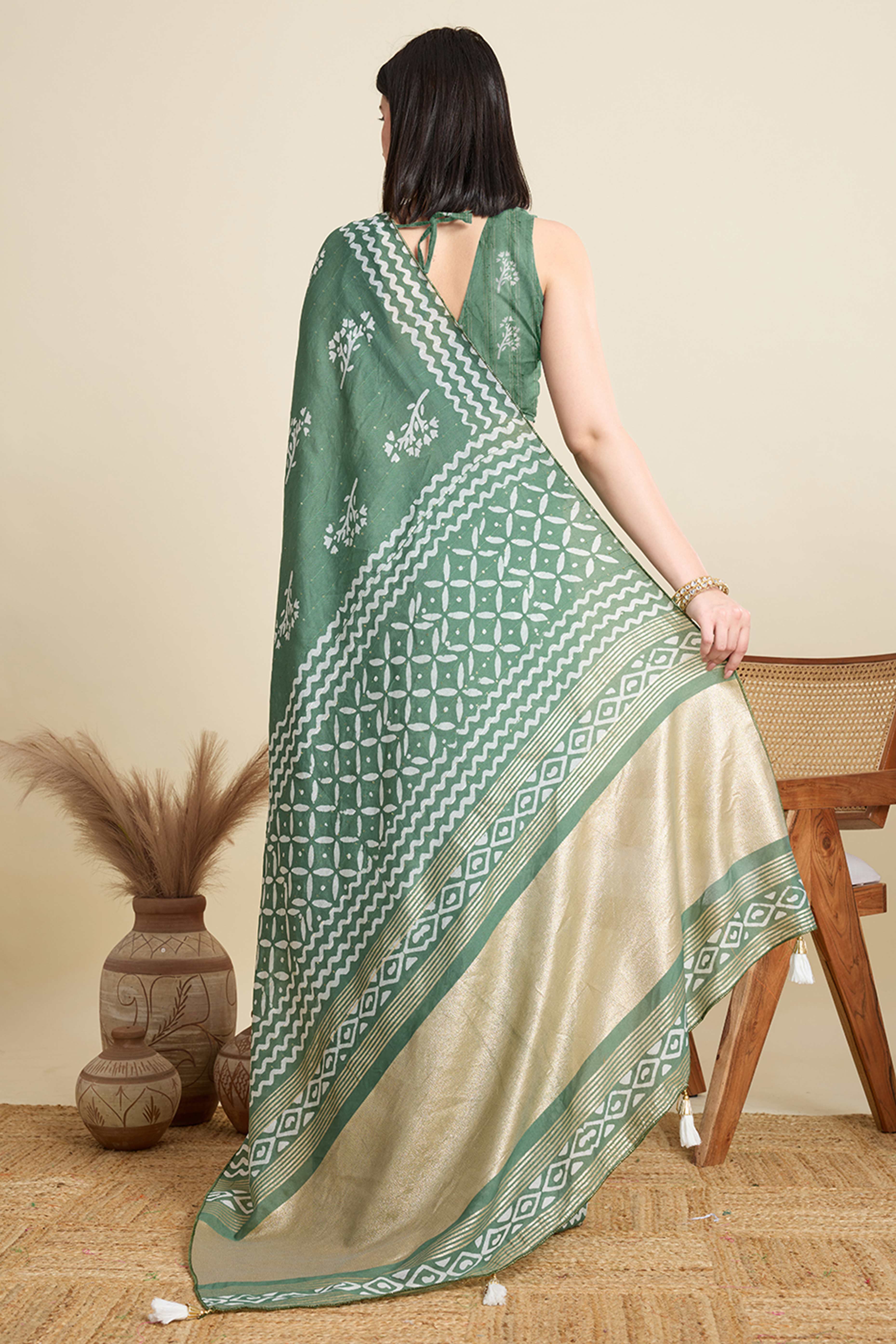 Pista Green Cotton Blend Saree Featuring Floral Prints and Elegant Sequins Work Accents