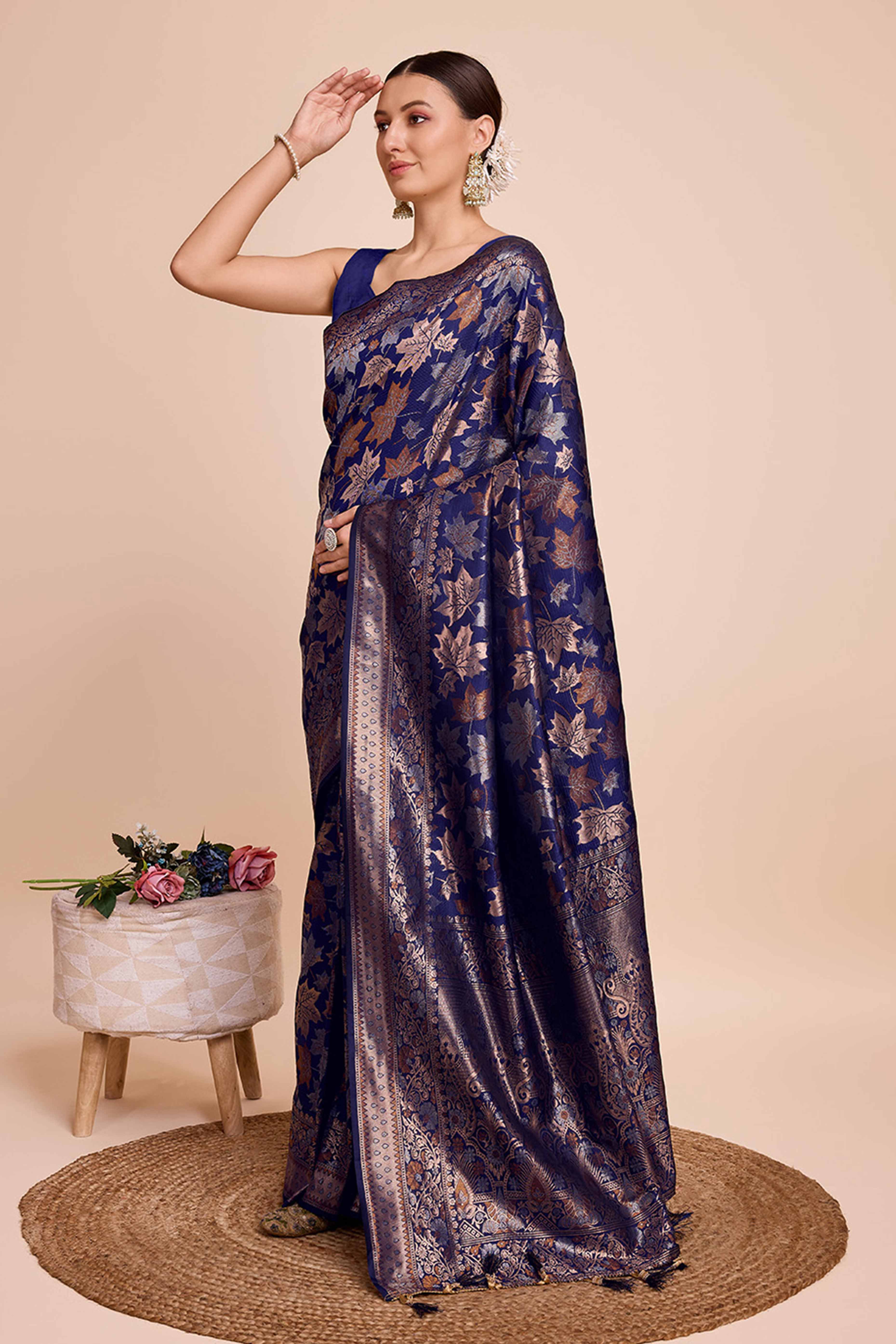 Navy Blue Zari Weaving Pure Silk Saree