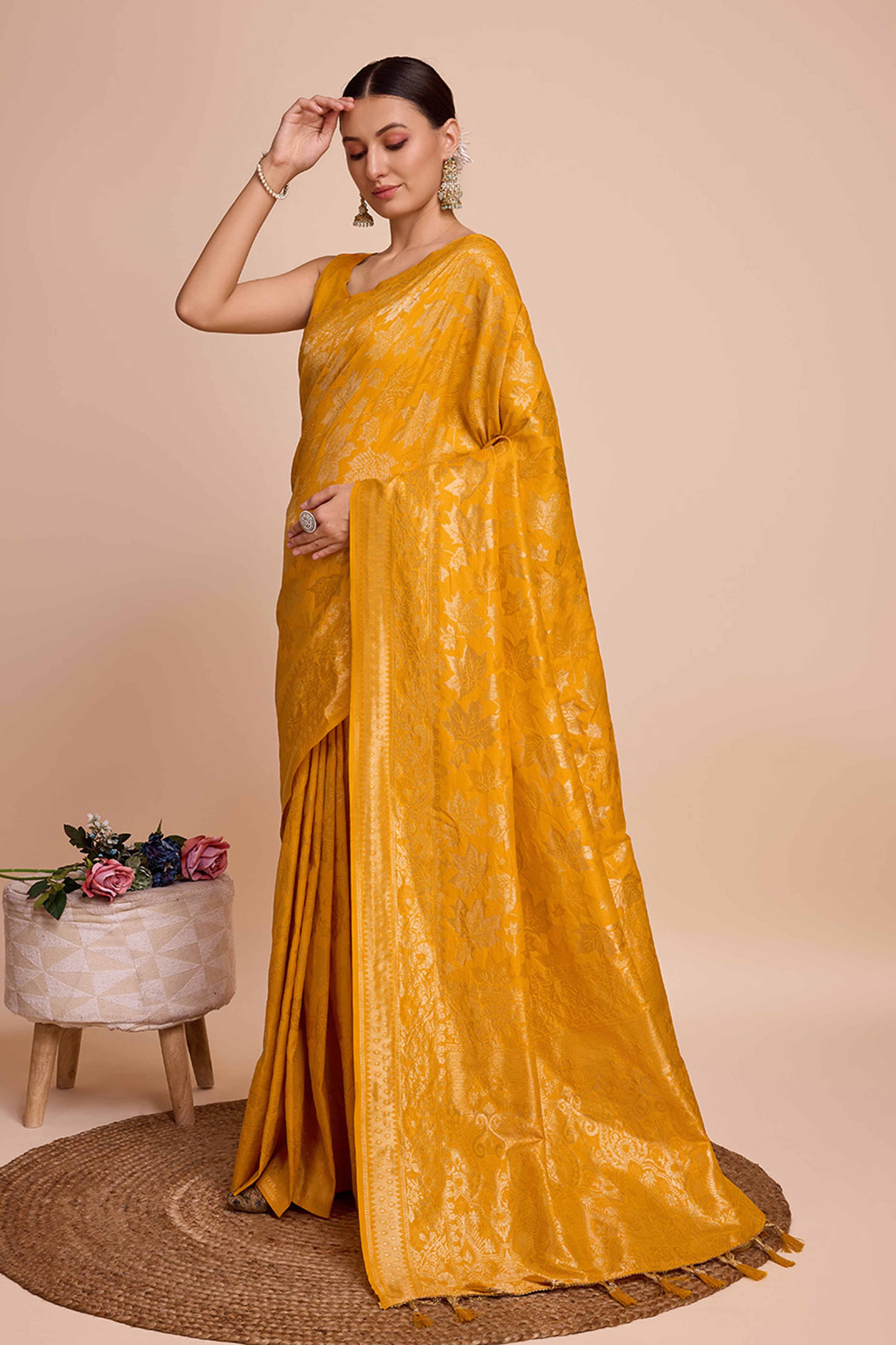 Mustard Zari Weaving Pure Silk Saree