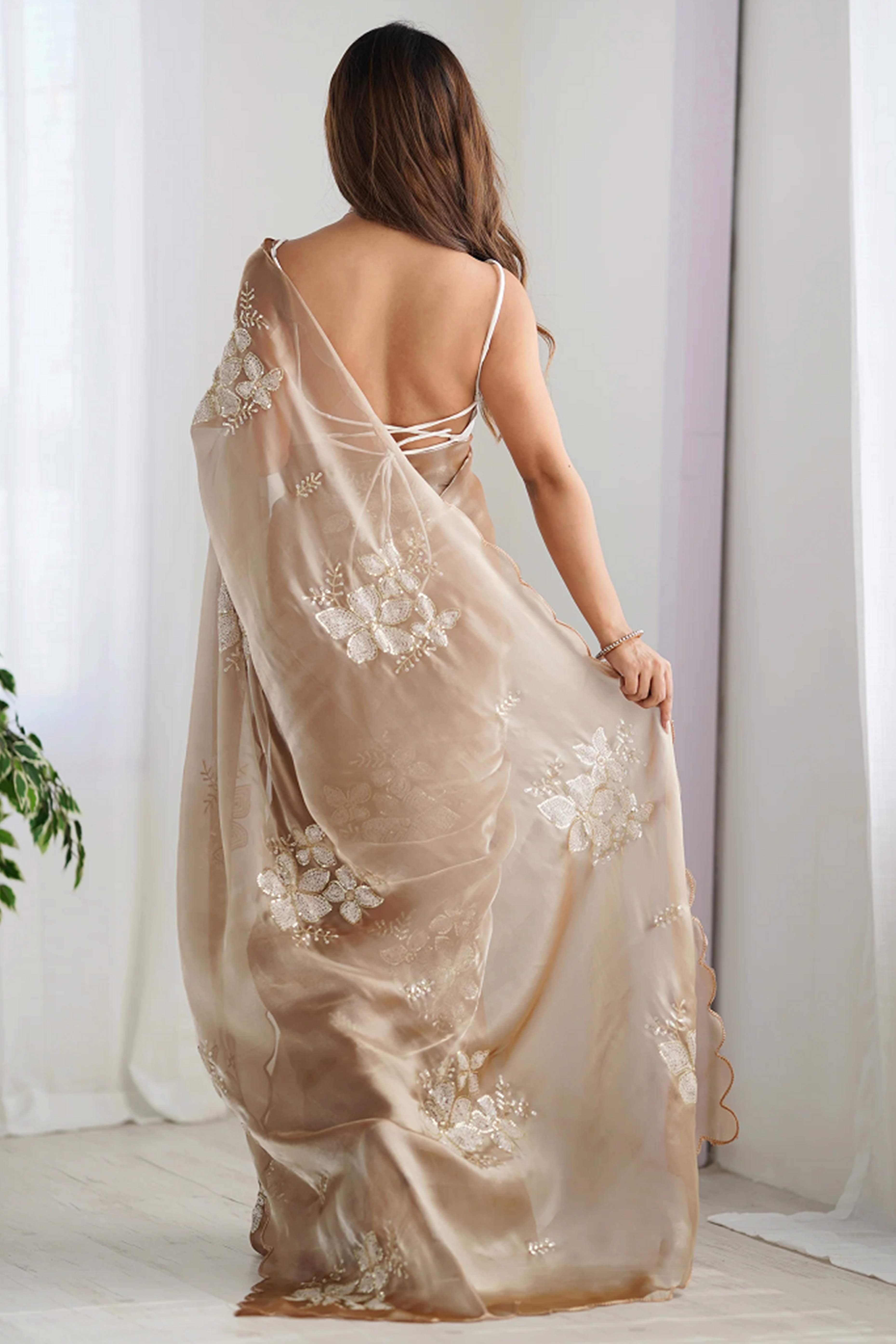 Beige Sequins Floral Embroidered Organza Saree
