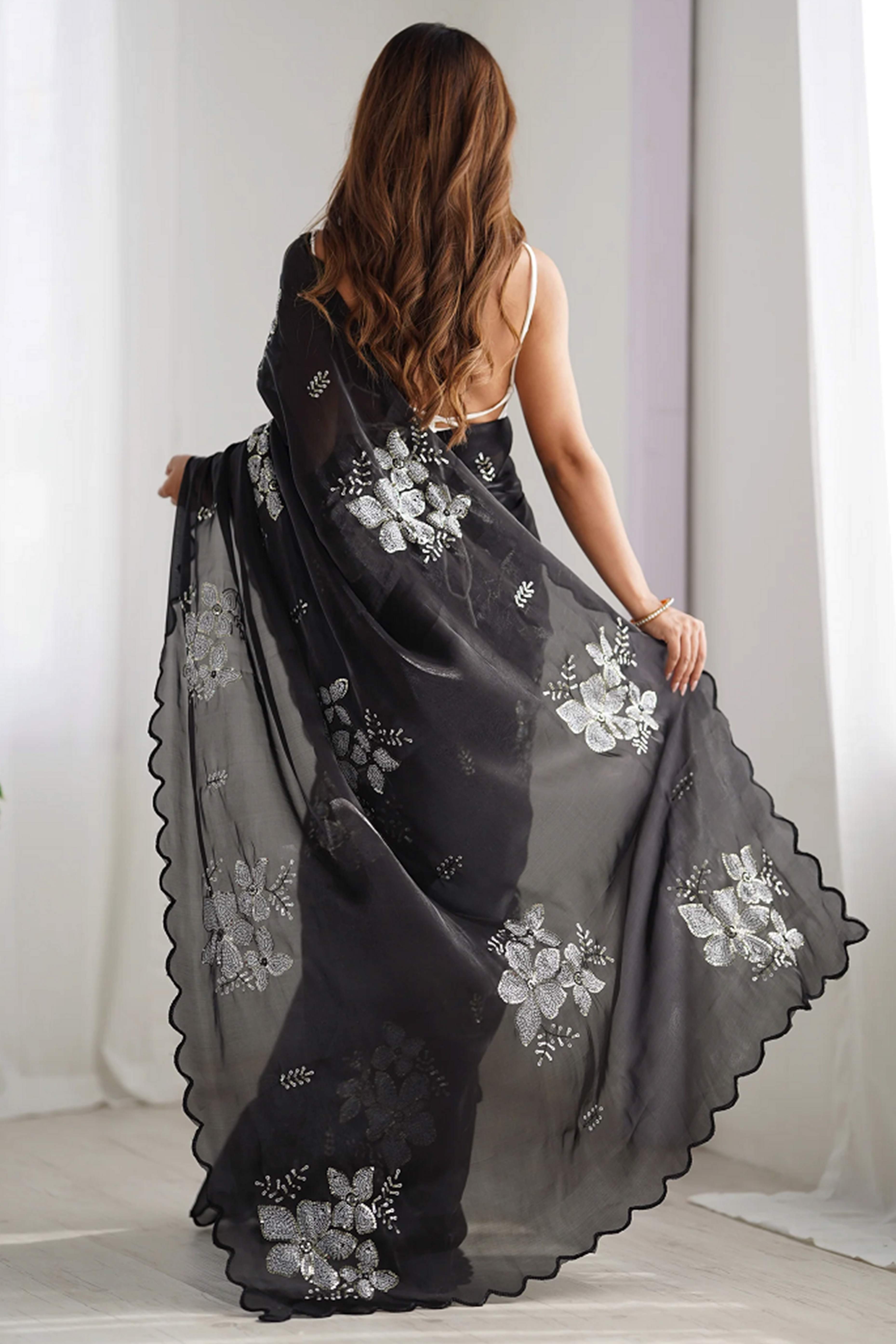 Black Sequins Floral Embroidered Organza Saree