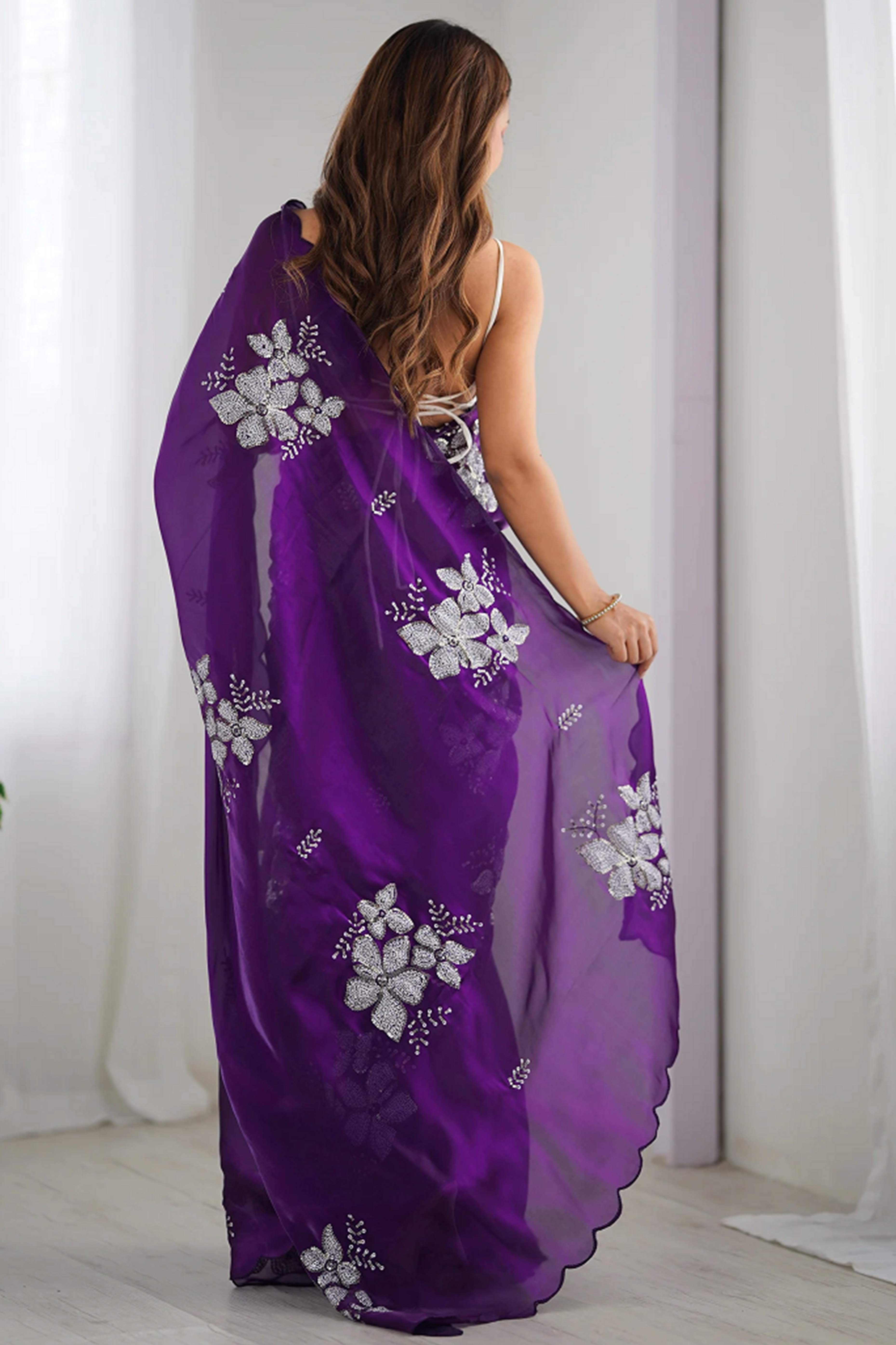 Purple Sequins Floral Embroidered Organza Saree