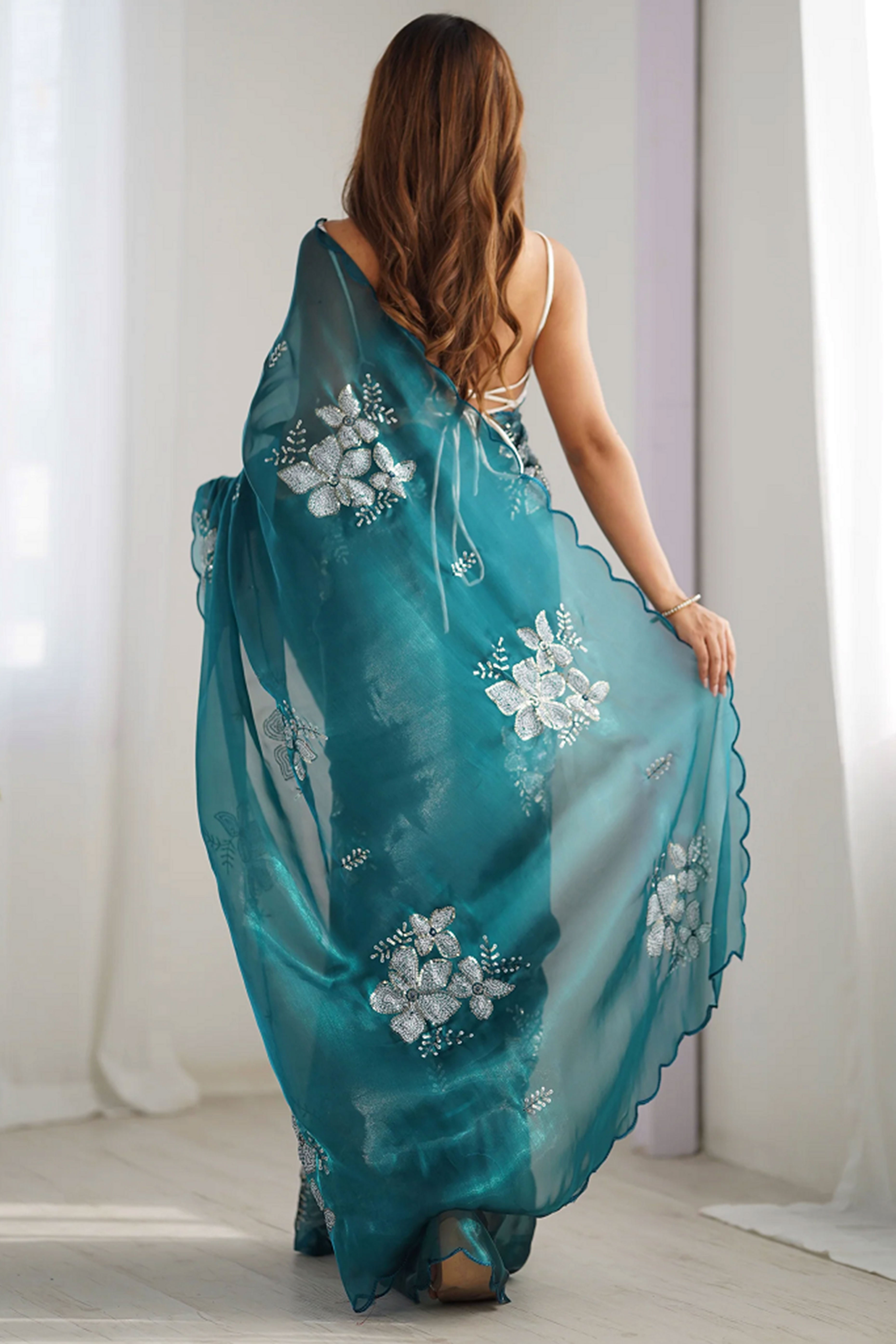 Teal Sequins Floral Embroidered Organza Saree