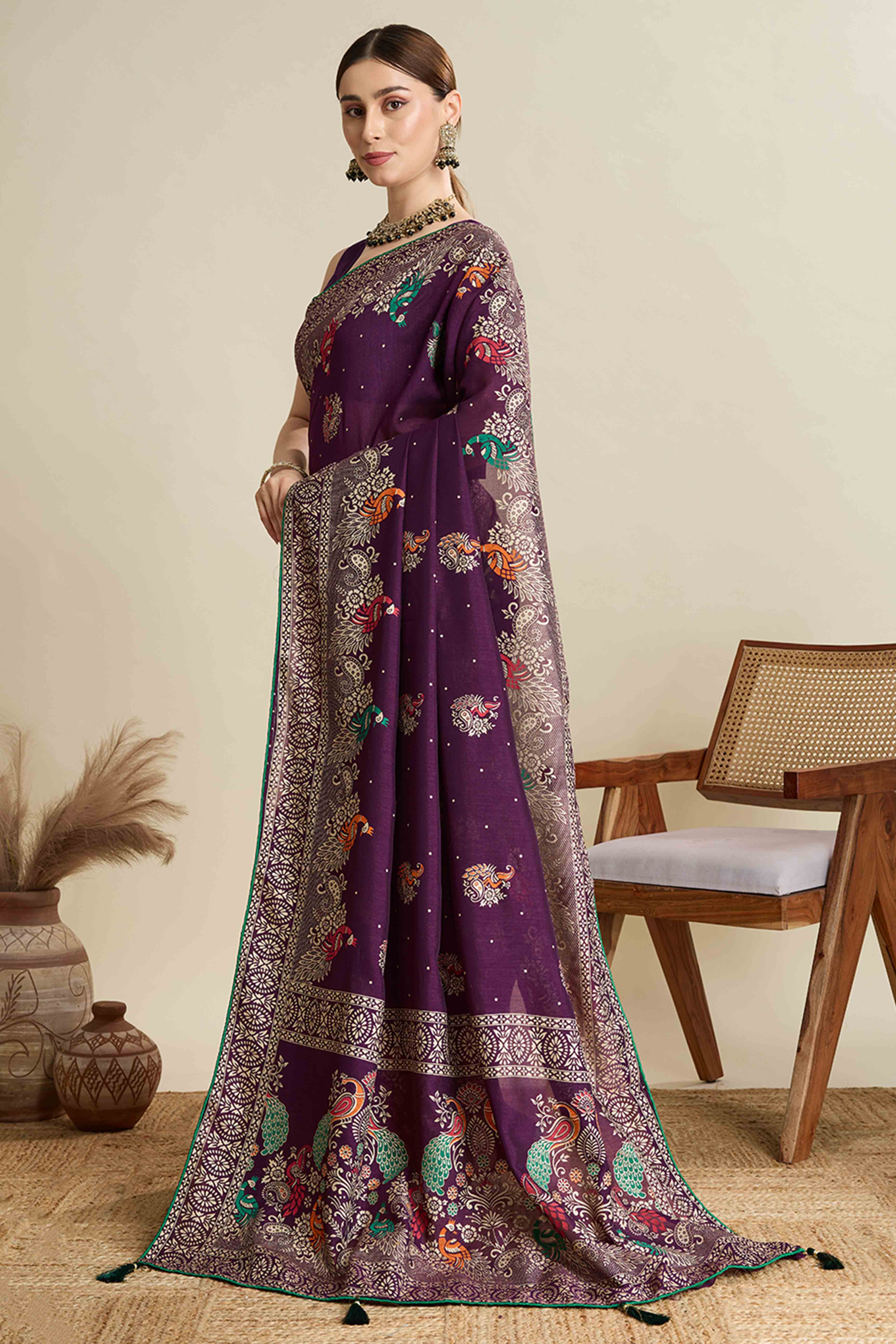 Purple Lightweight Cotton Silk Saree with Delicate Paisley Prints