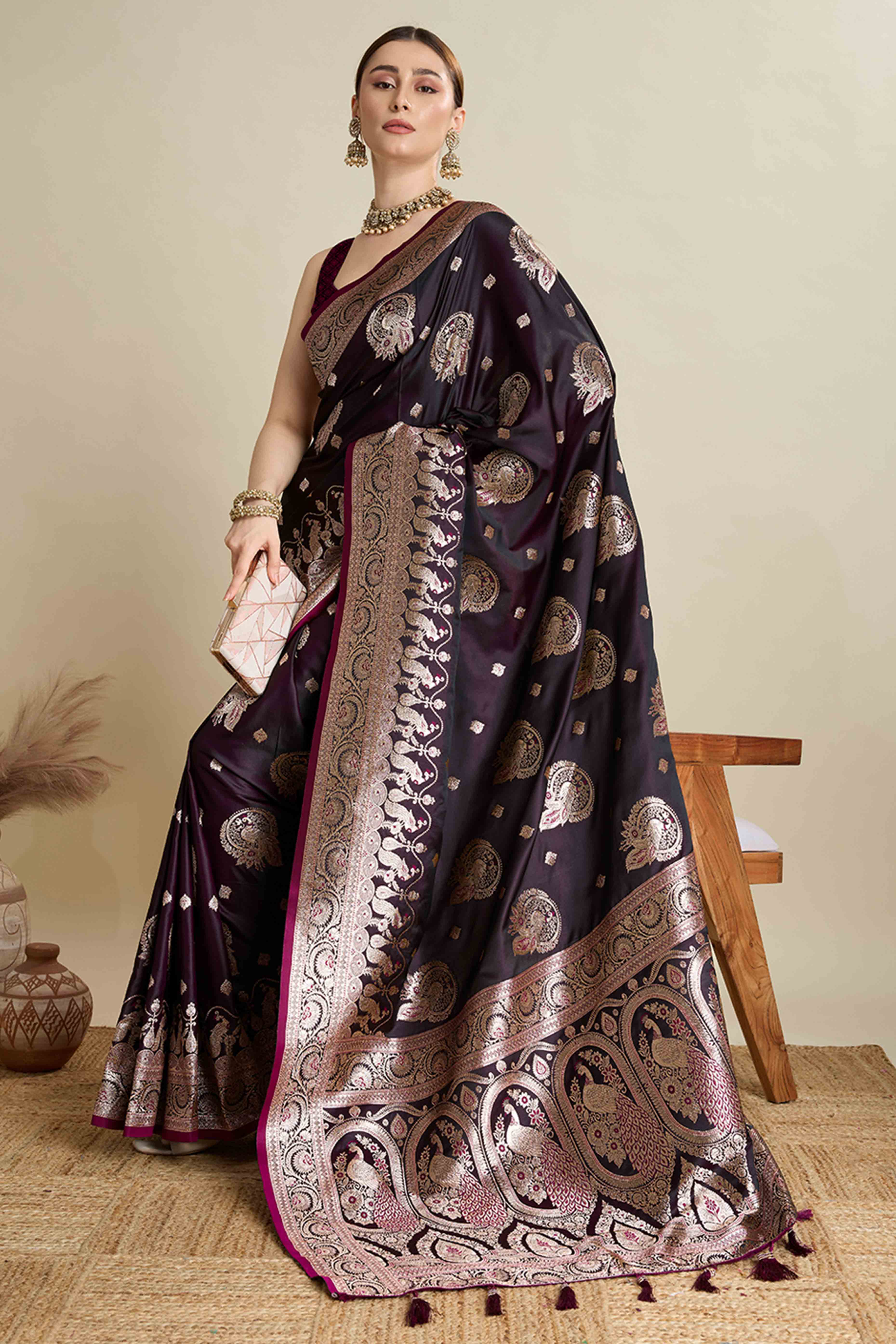 Wine Pure Silk Saree Featuring Traditional Banarasi Zari Weaving Patterns