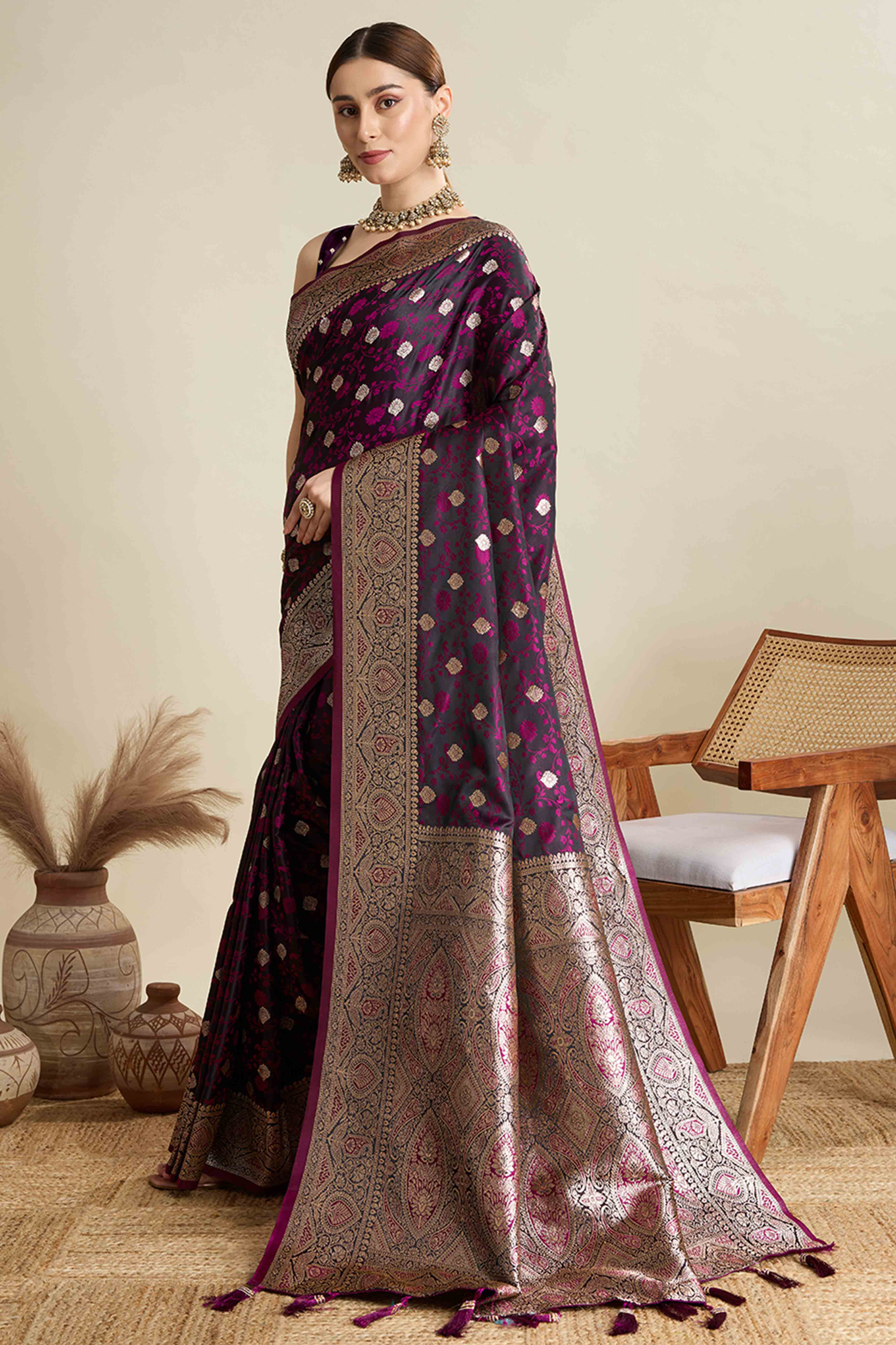 Wine Pure Silk Saree Featuring Traditional Banarasi Zari Weaving Patterns