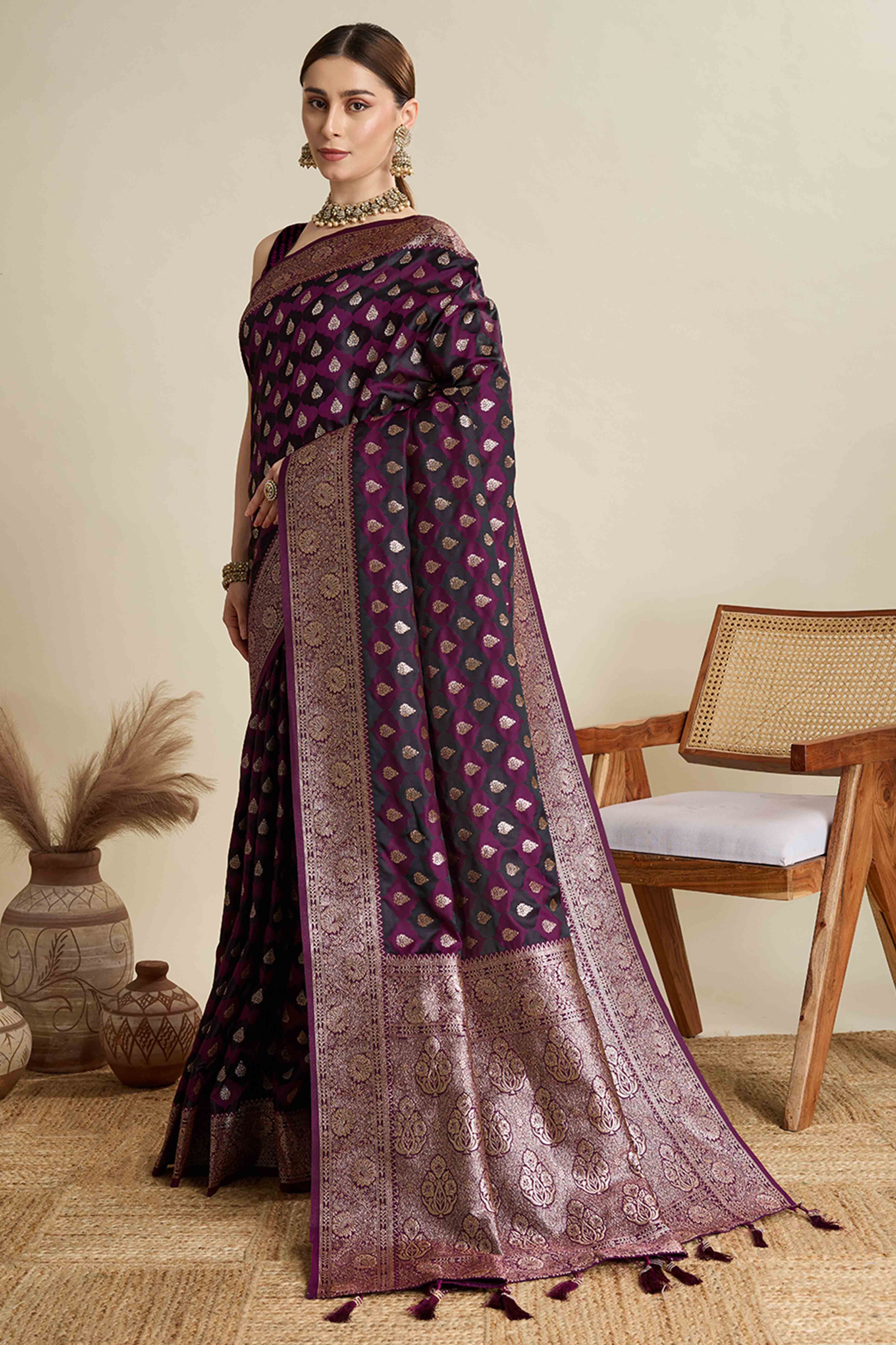 Wine Pure Silk Saree Featuring Traditional Banarasi Zari Weaving Patterns