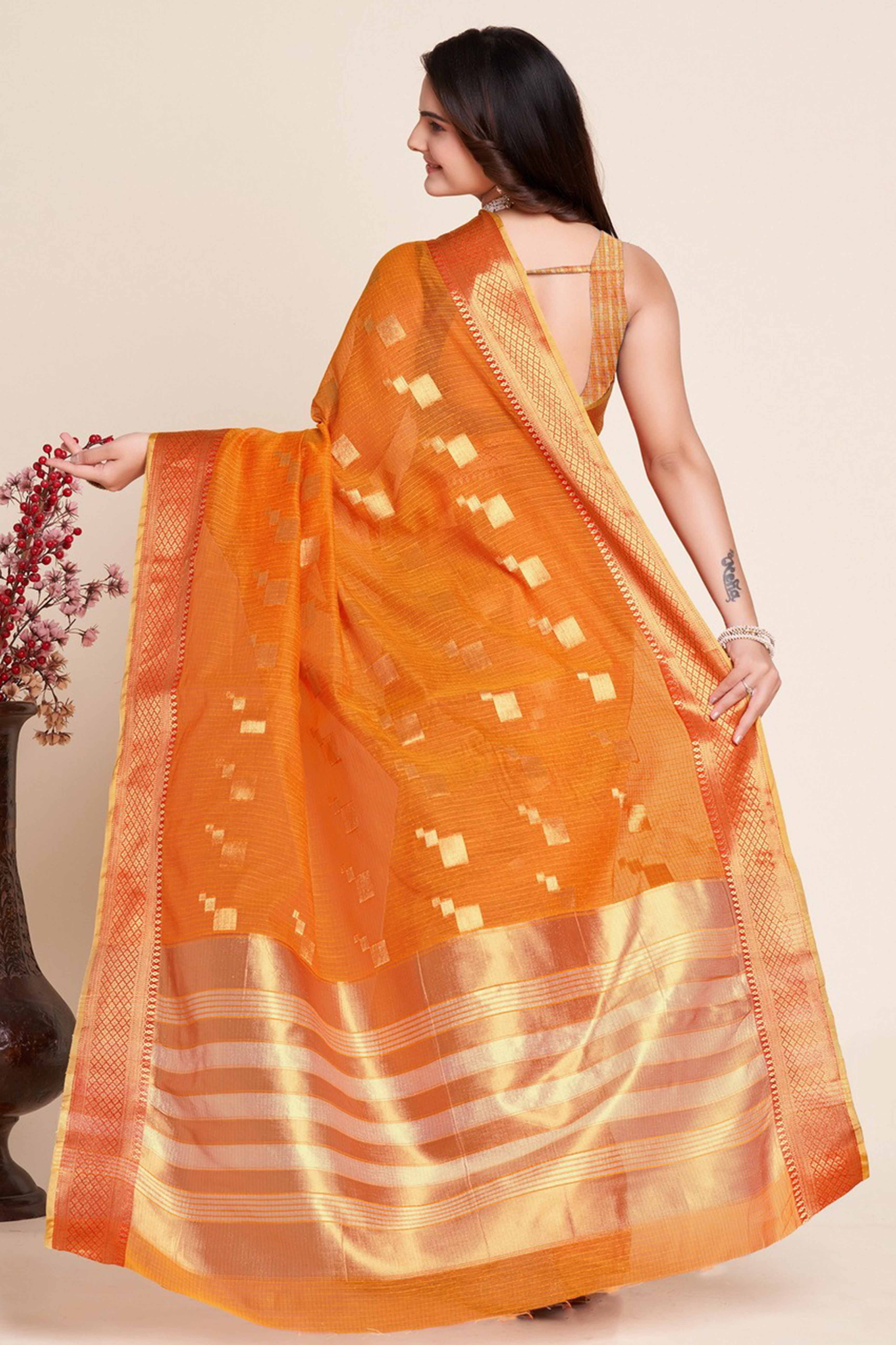 Orange Zari Weaving Kota Doria Saree